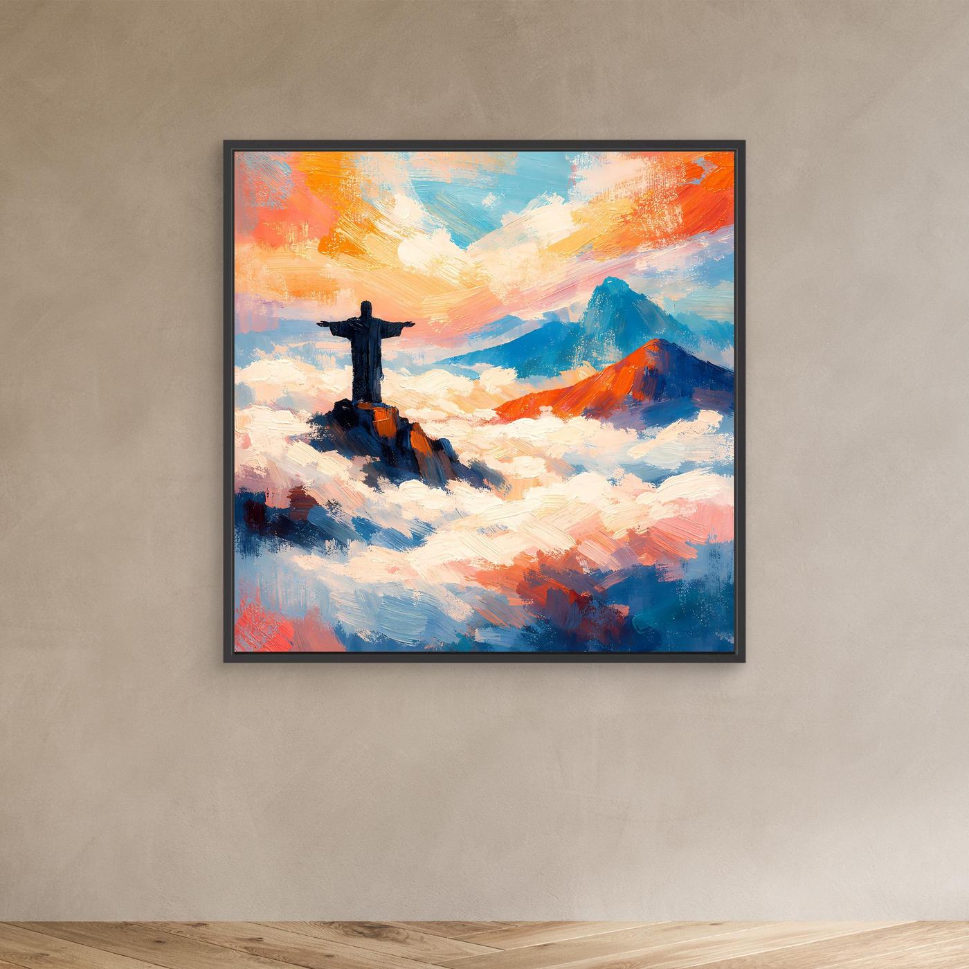 Leinwand-Wandbild mit Kreuzfigur über Wolken und Bergen, blau-bunt, mit schwarzem Rahmen
