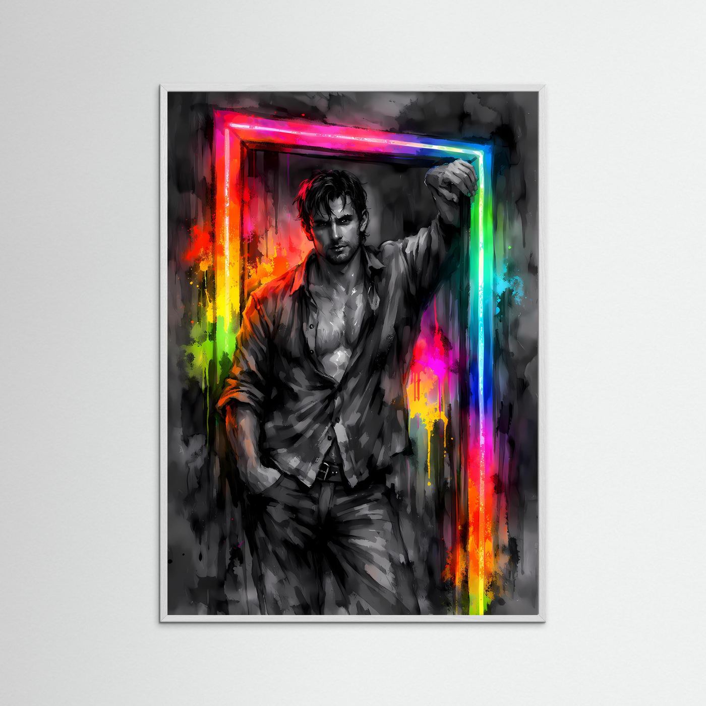 The Neon Doorway | Luxuriöses Mann Poster Bunt & Dunkel | Abstraktes Portrait Kunstposter Hochformat