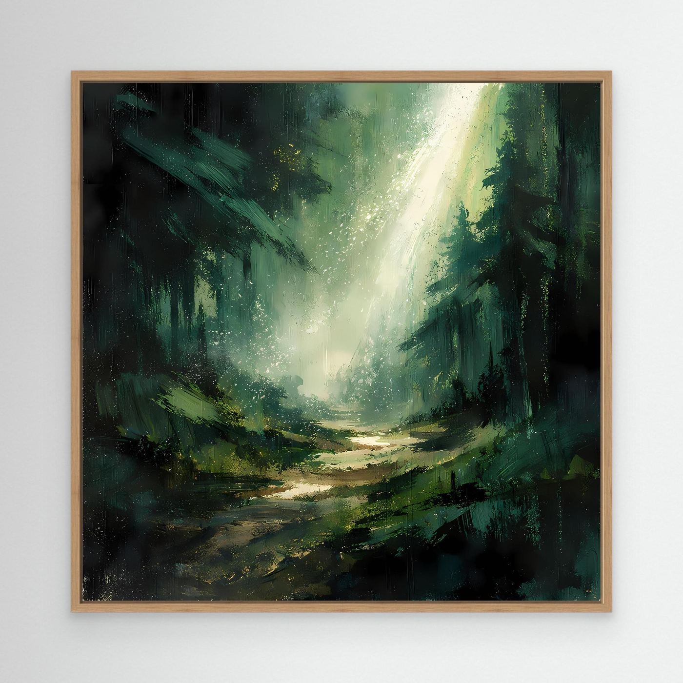 Leinwand Magischer Lichtstrahl im Wald | Abstraktes Tannenwald Wandbild Grün