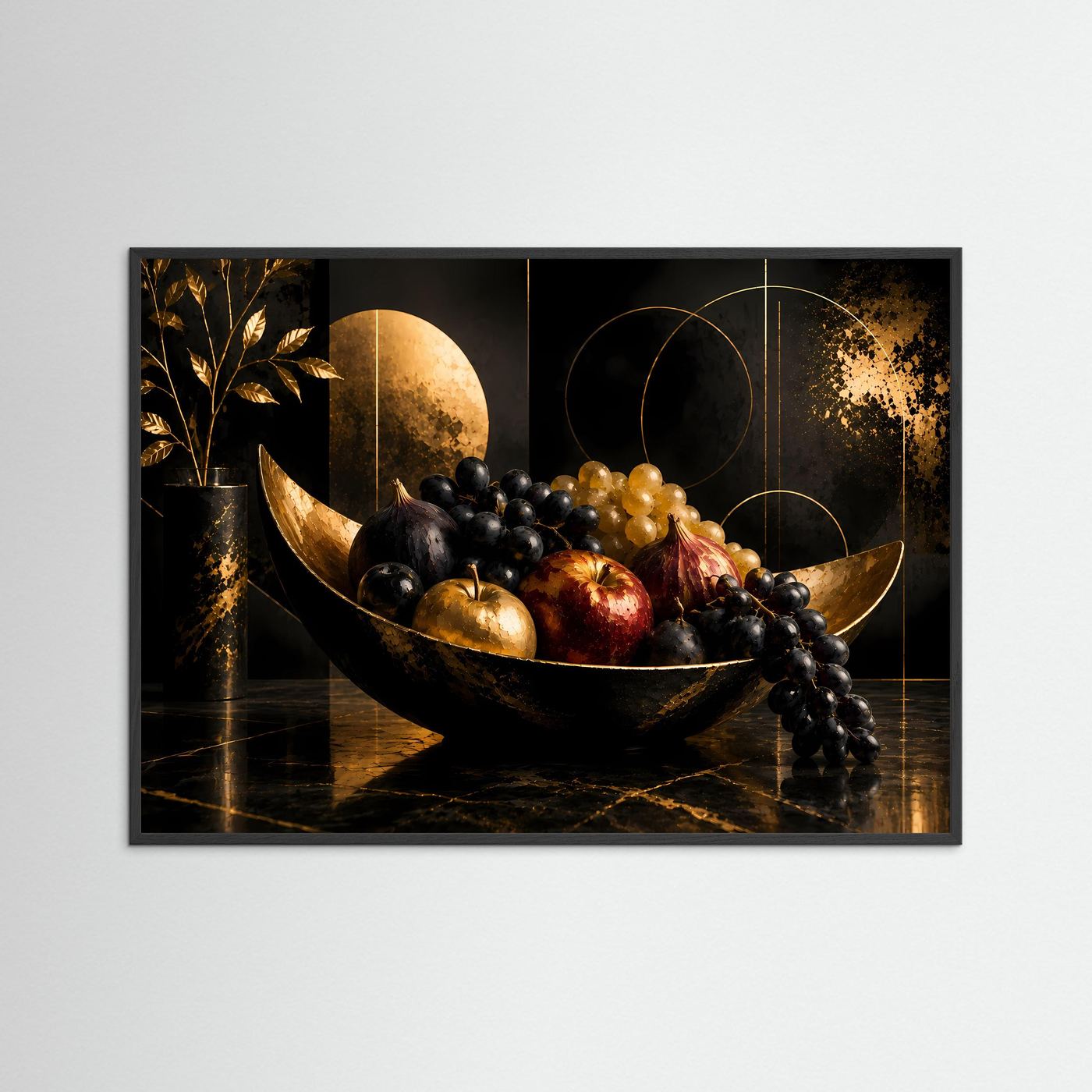 Poster Querformat mit schwarzer Obstschale, Trauben und Früchten; schwarzer Rahmen