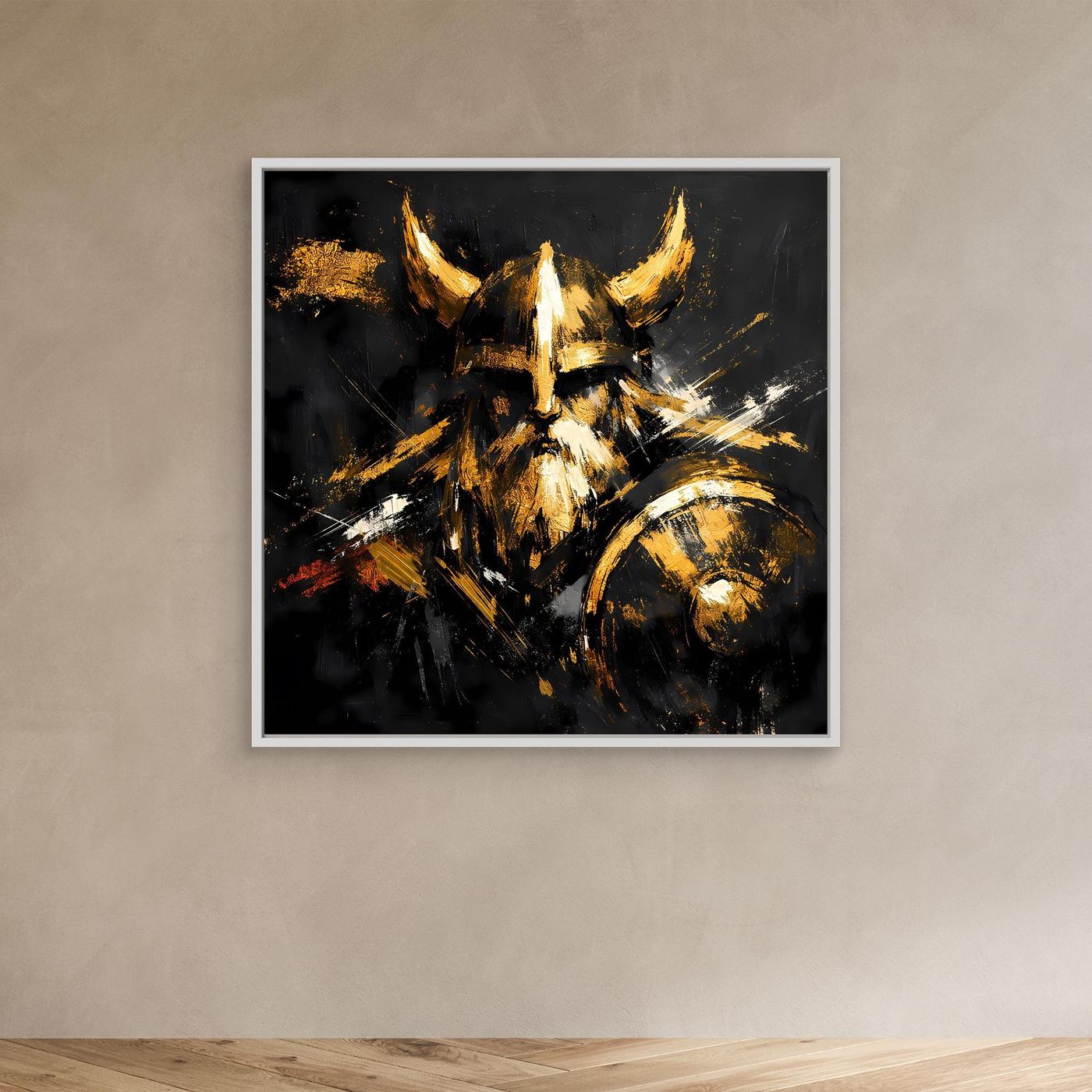 Leinwand Goldener Wikinger mit Schild | Abstraktes Nordmann Wandbild Modern
