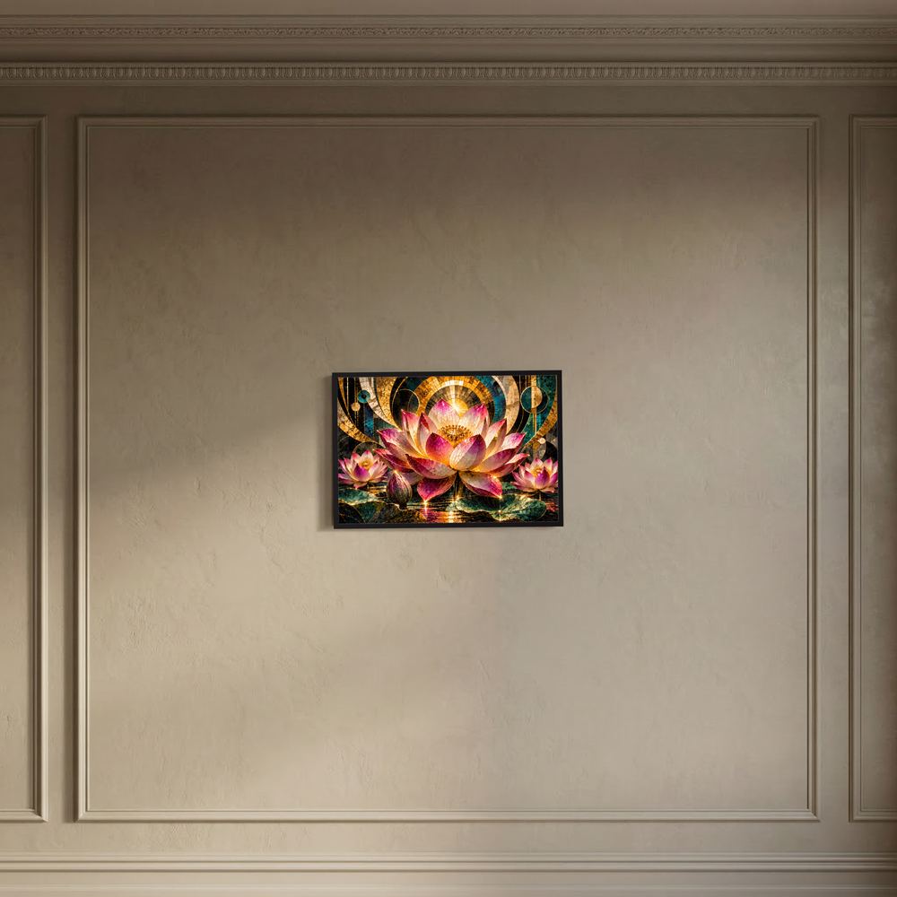 Kleines Wandposter mit Lotusblüten im Mosaikstil, Pink/Gold/Türkis, dunkel gerahmt