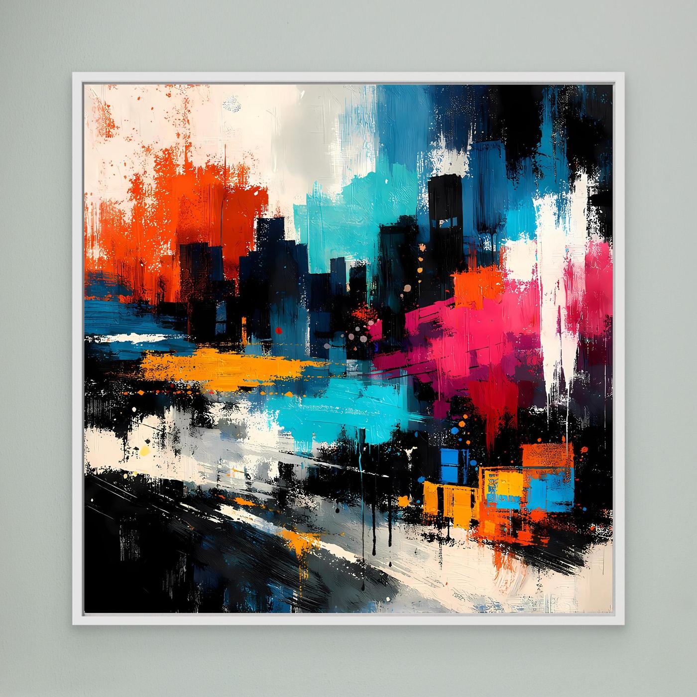 Abstract city skyline canvas wall art with orange, blue and pink city blocks, white frame