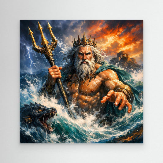 Wandbild mit Poseidon, der einen goldenen Dreizack in stürmischen Wellen hält