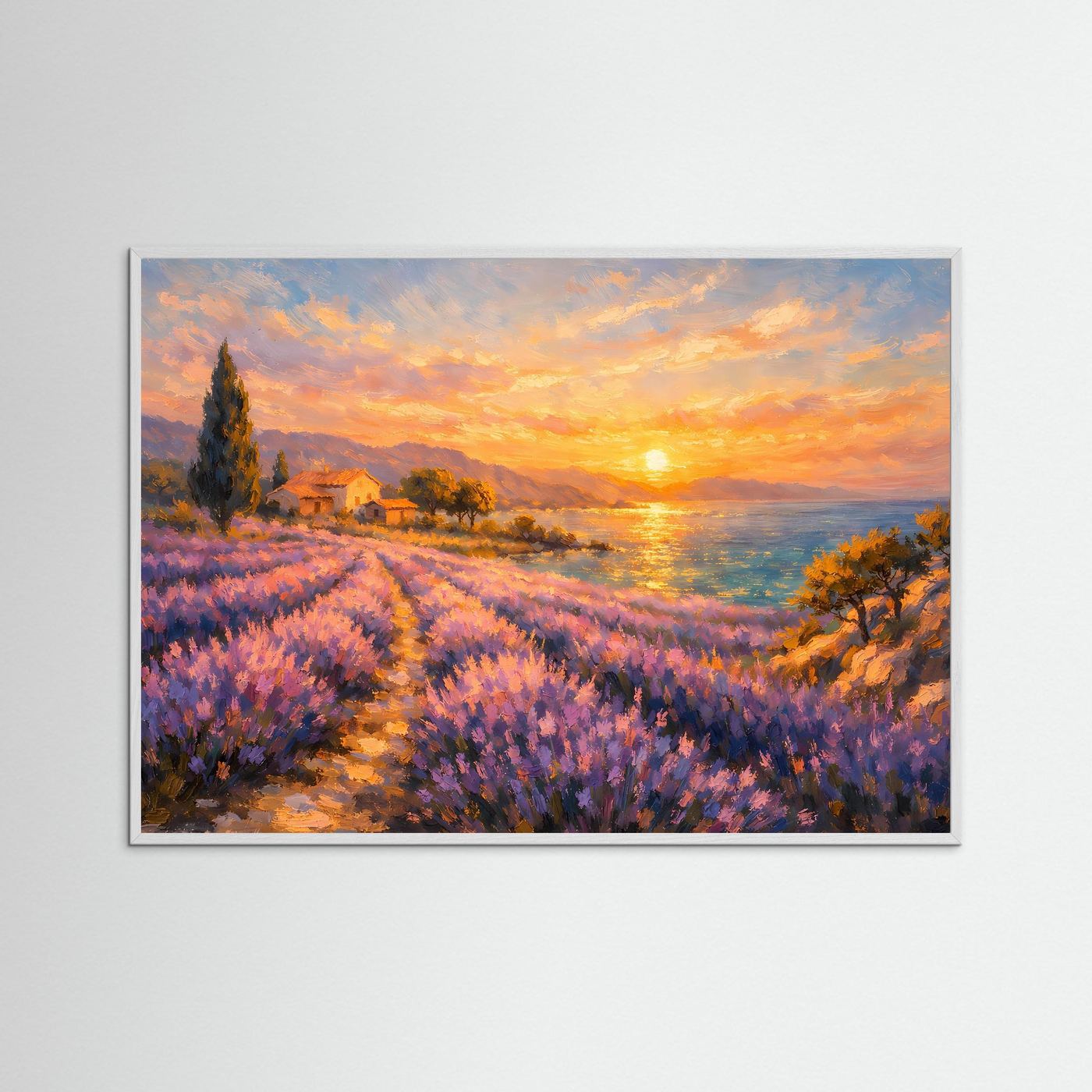 Malerisches Lavendelfeld am Meer bei Sonnenuntergang | Provence Landschaft Wandbild & Kunst Poster Querformat