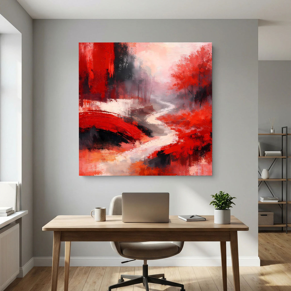 Abstraktes rotes Fluss-Brücken-Wandbild mit weißen Kanten und dunklen Pinselstreifen