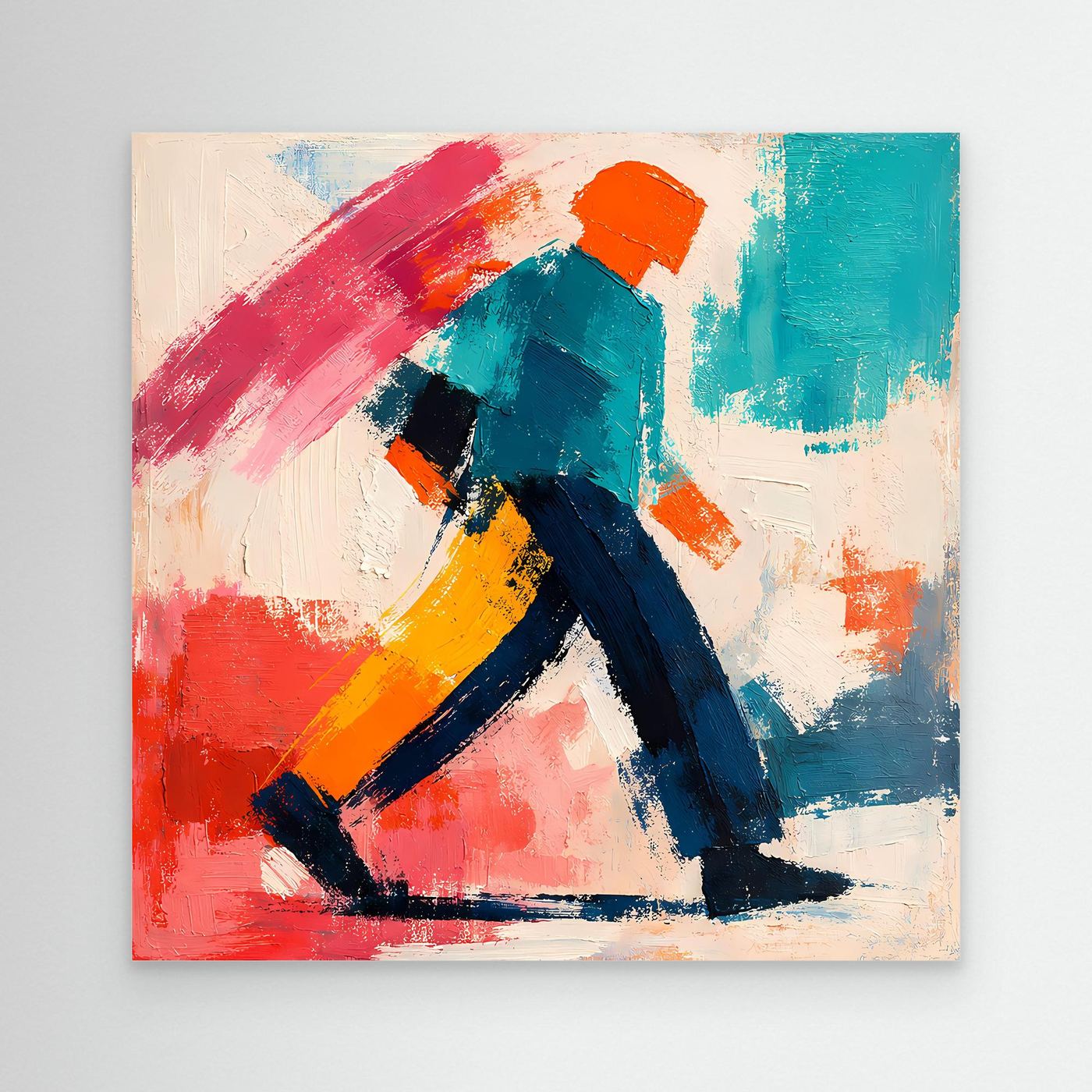 Abstract pop art wall painting: colorful strolling figure in red, blue, teal, yellow