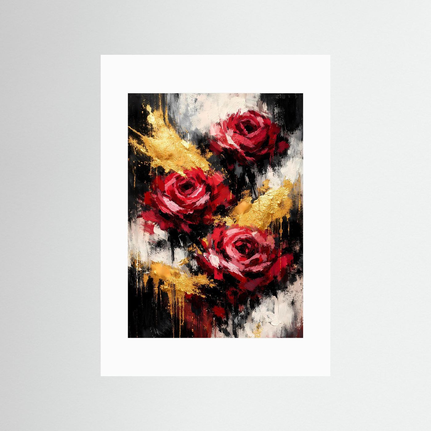 Abstraktes Blumenwandbild mit roten Rosen und goldenen Akzenten, weißes Passepartout