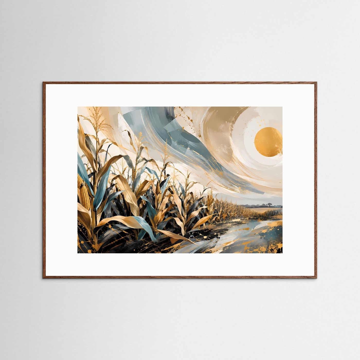 Maisfeld Poster | Abstrakte Landschaft Wandbild | Gold Blau Naturkunst | Modernes Feld Panorama | Eleganter Kunstdruck