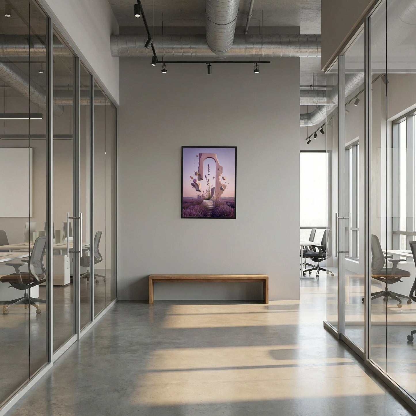 Gerahmtes Hochformat-Poster mit violettem Lavendelfeld und pastelligem Portalmotiv