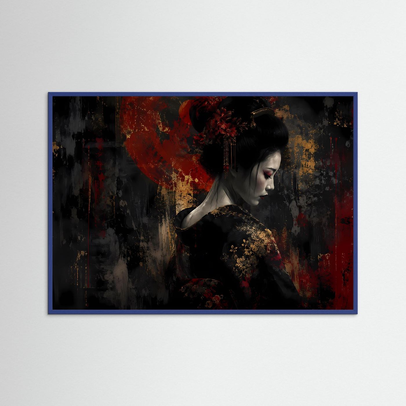 Japan-Kunstposter im blauen Rahmen: Porträt einer Geisha, schwarz-rot mit goldenen Akzenten
