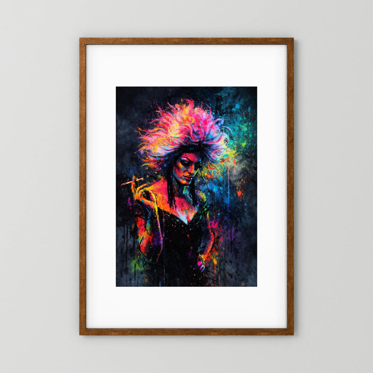Neon-Wandbild mit Drag-Queen-Porträt, bunter Haarwirbel, dunkler Holzrahmen