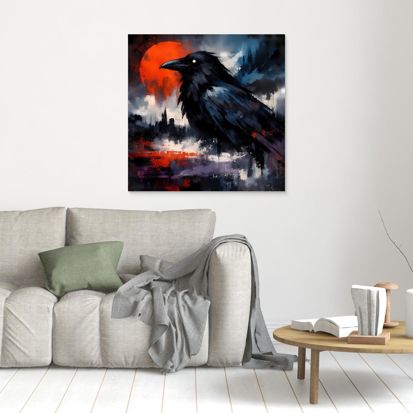 Leinwand-Wandbild mit schwarzem Raben und rotem Vollmond, abstrakte Nebel und Stadtumrisse