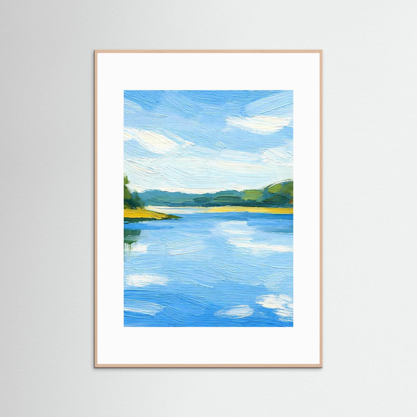 Gerahmtes Landschafts-Poster mit blauem Fluss, grünen Ufern und hellen Wolken