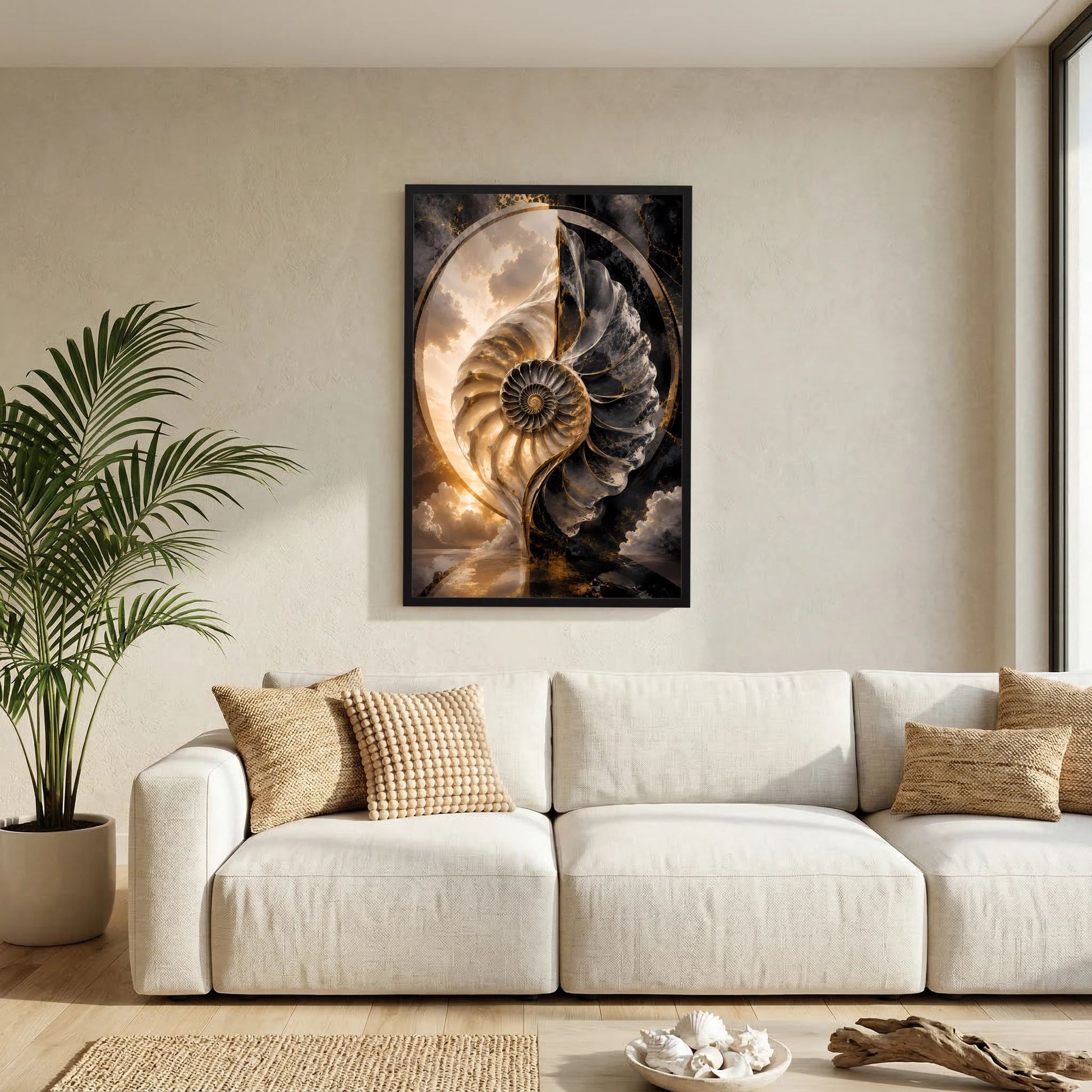 Kunstposter mit abstraktem Muschelmotiv in Schwarz und Gold, gerahmt in dunklem Rahmen
