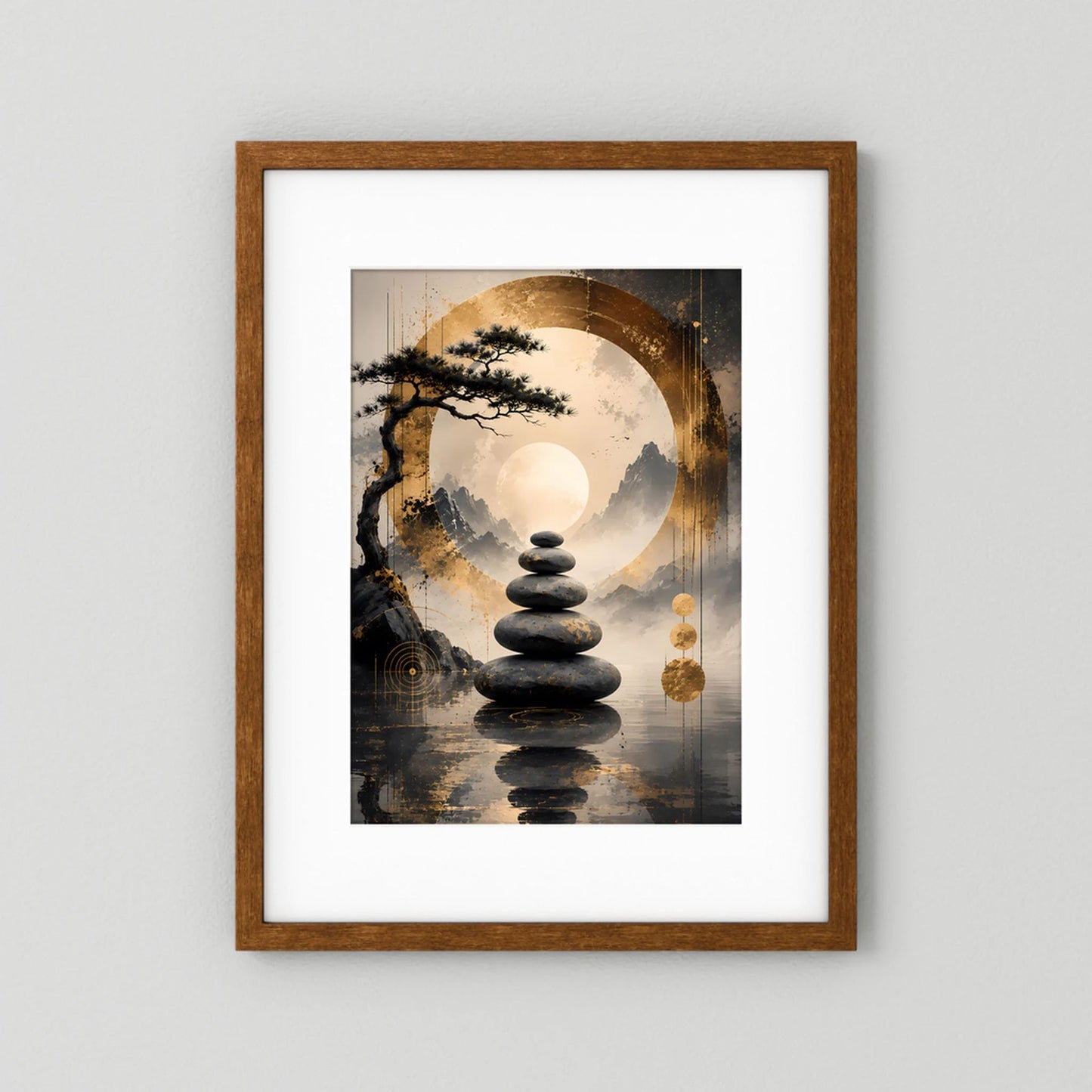 Poster im Hochformat mit Bonsai und Steinstapel, goldfarbene Mondgrafik, brauner Holzrahmen