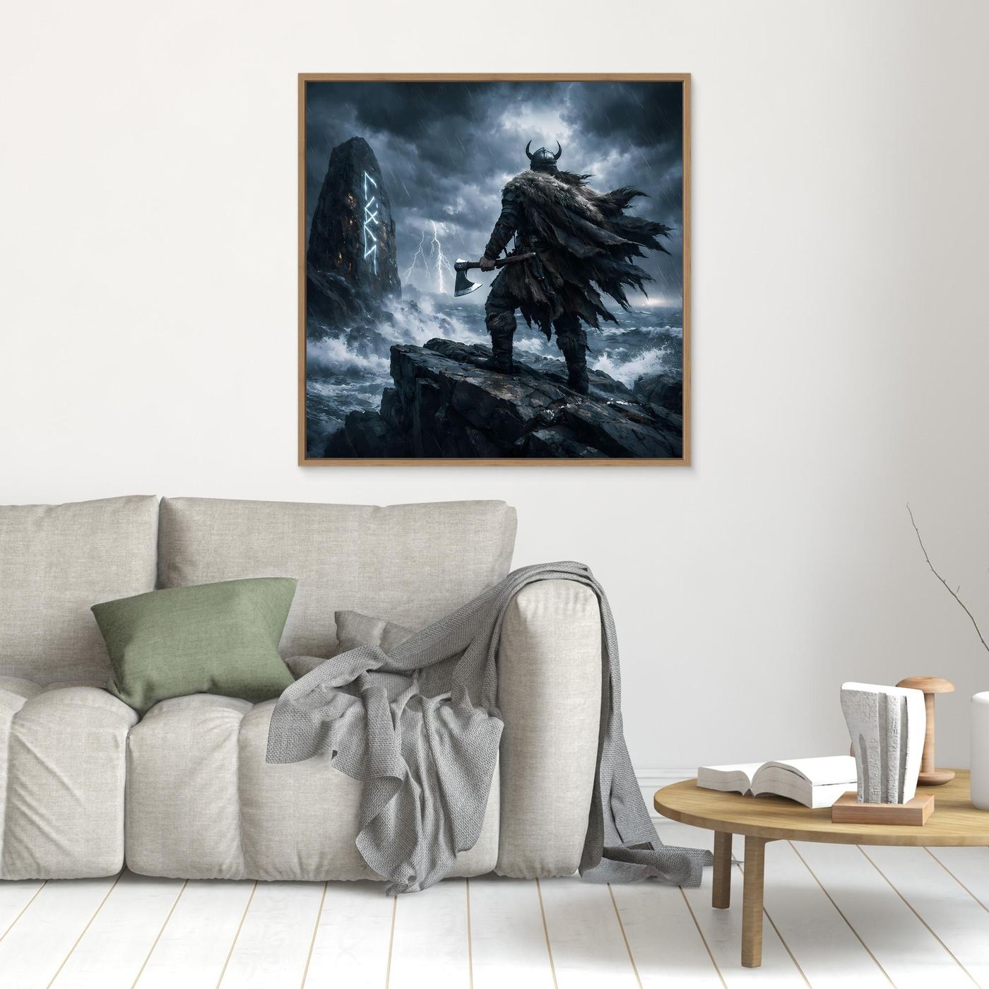 Leinwand Mystischer Wikinger am Runenstein | Abstraktes Nordisches Gewitter Wandbild
