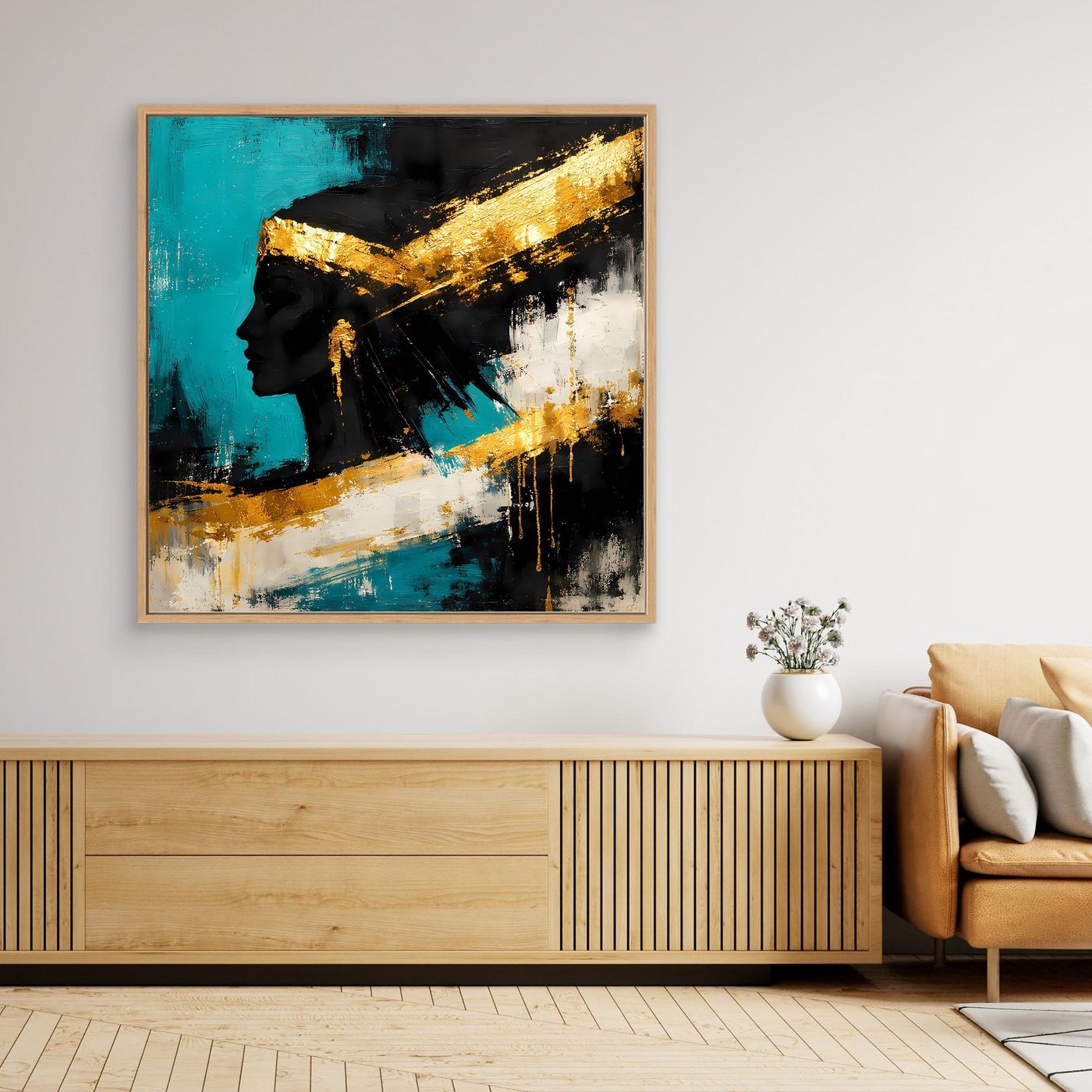 Quadratisches Leinwandbild mit Silhouette, Türkis-Schwarz-Kontrast und goldfarbenen Pinselstrichen