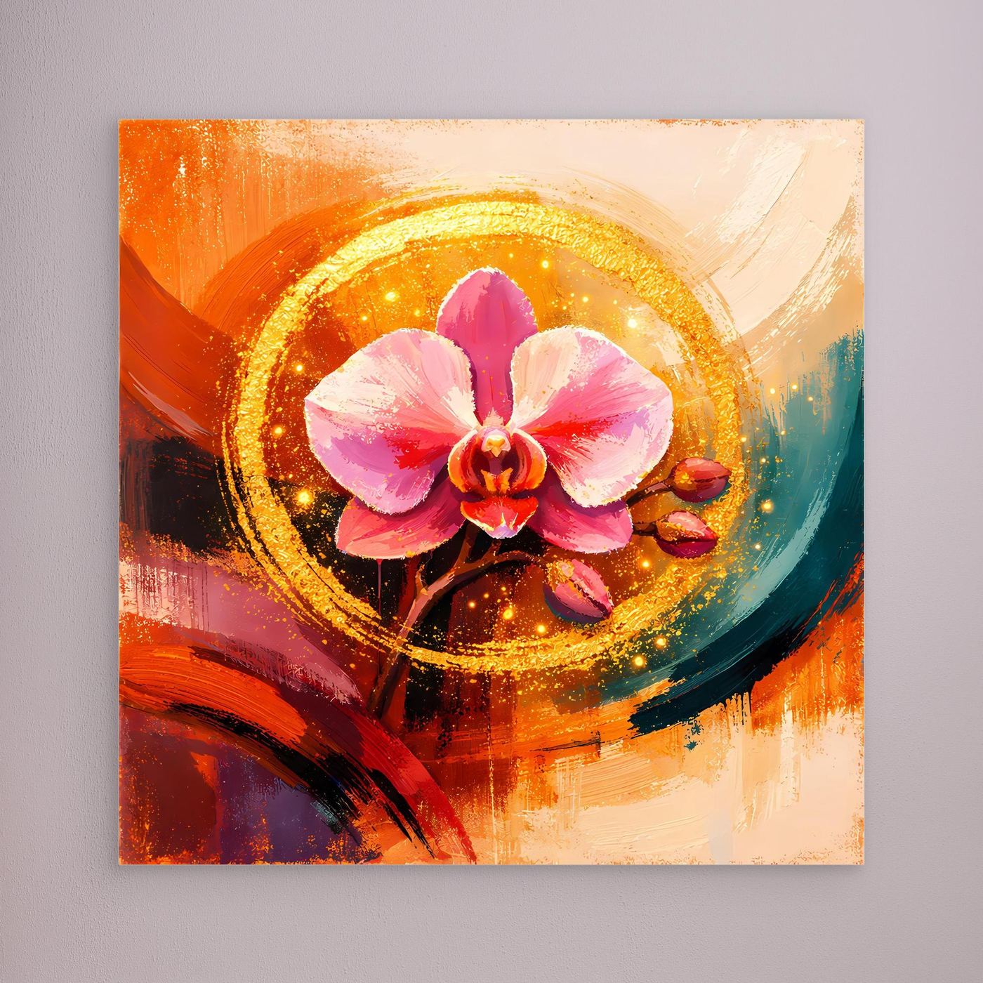 Leinwandbild mit goldener Orchidee im Kreis, ohne sichtbaren Rahmen