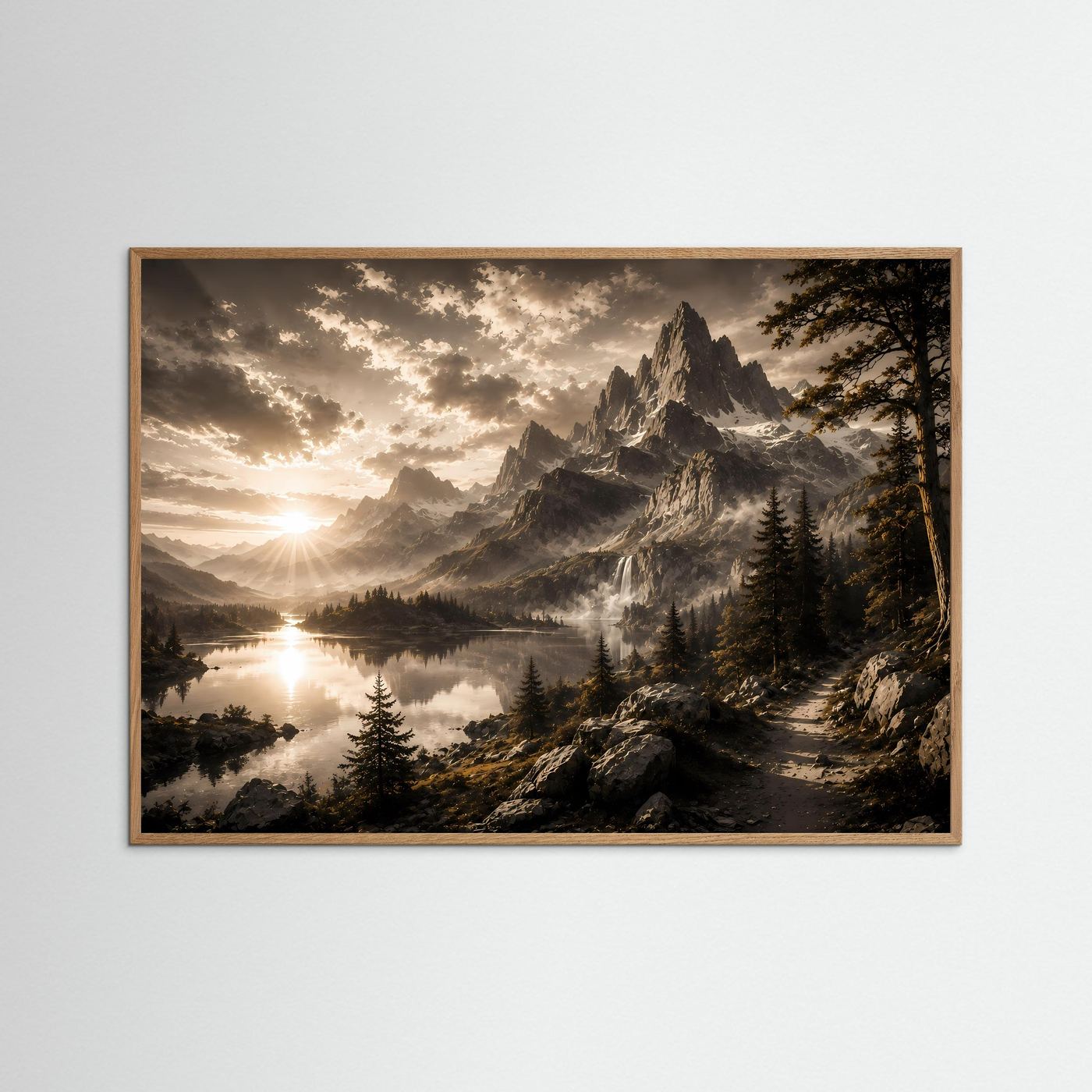 Querformat-Poster Berg-See-Landschaft bei Sonnenaufgang mit hellem Eichenrahmen