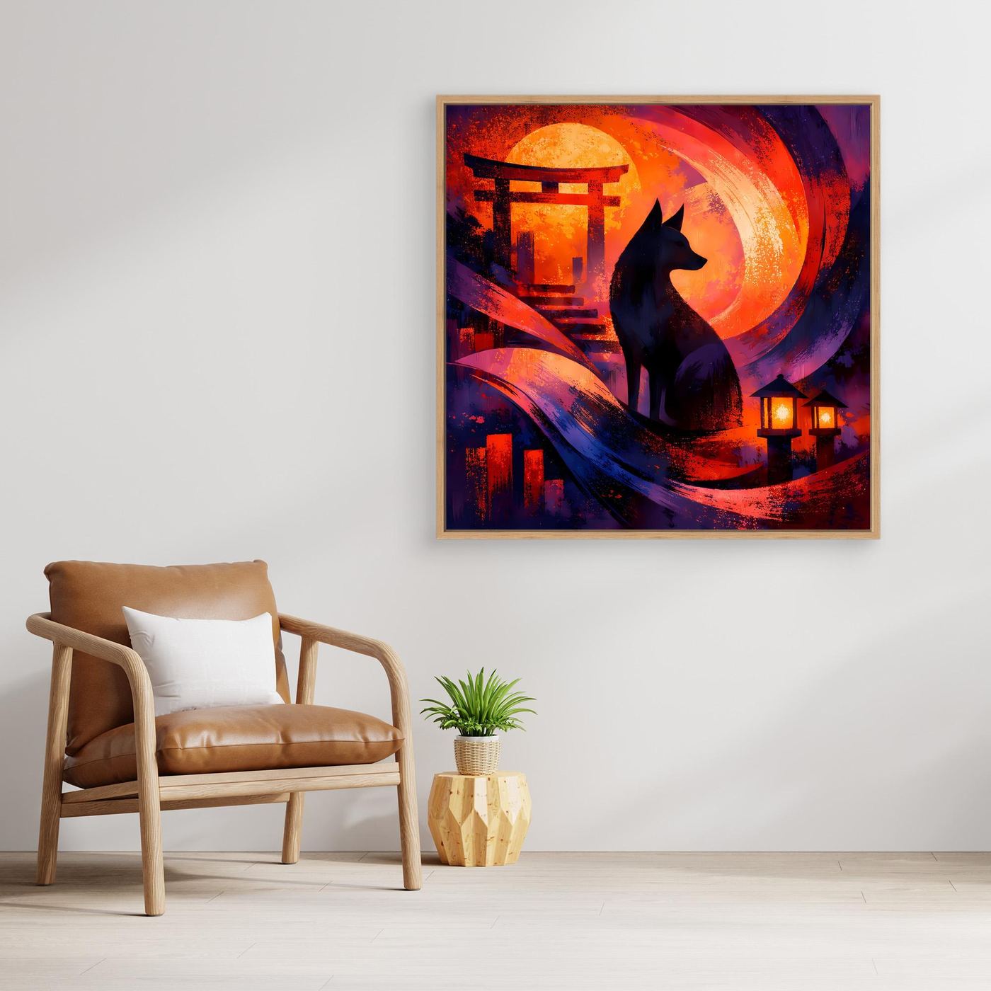 Gerahmtes Wandbild: Torii-Tor mit schwarzer Kitsune, roter Mondscheibe und Laternen