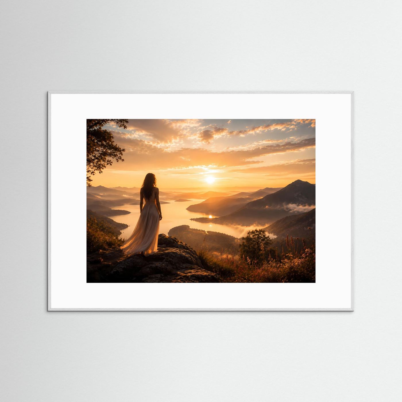 Querformat-Poster mit Frau am Felsen bei Sonnenuntergang über See und Bergen, weißer Rahmen