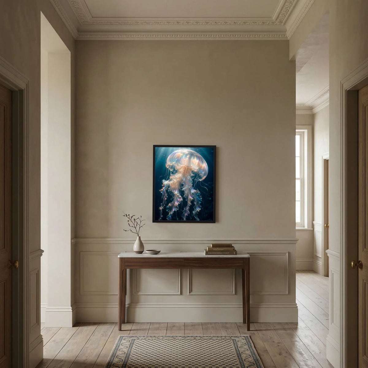 Kunstposter mit schwarzem Rahmen und Quallenmotiv im Hochformat