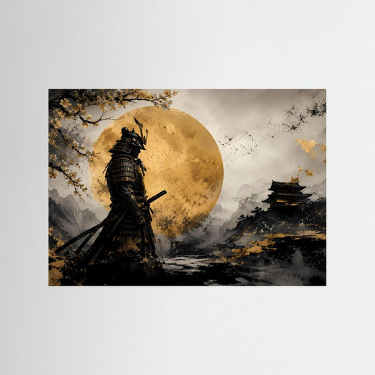 Japanisches Poster: Samurai in Rüstung vor goldenem Mond, Torii und herbstliche Zweige