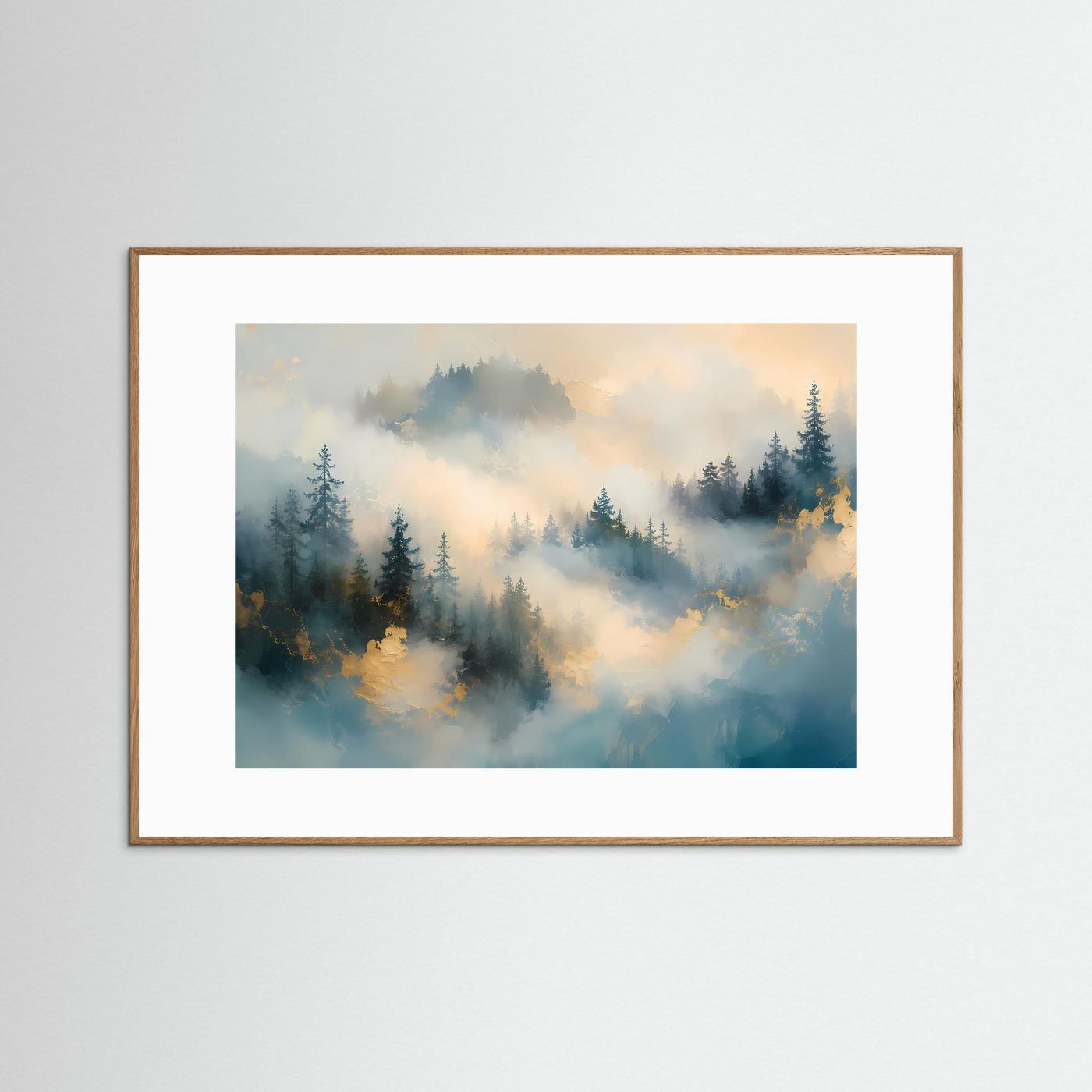 Nebelwald Poster | Mystischer Wald Wandbild | Abstrakte Landschaftskunst in Gold und Blau