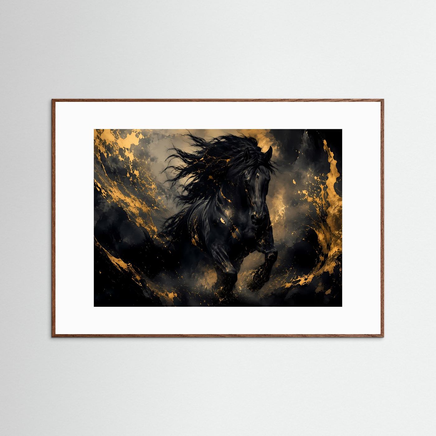 Tier-Poster mit schwarzem Pferd und goldenen Akzenten, brauner Rahmen