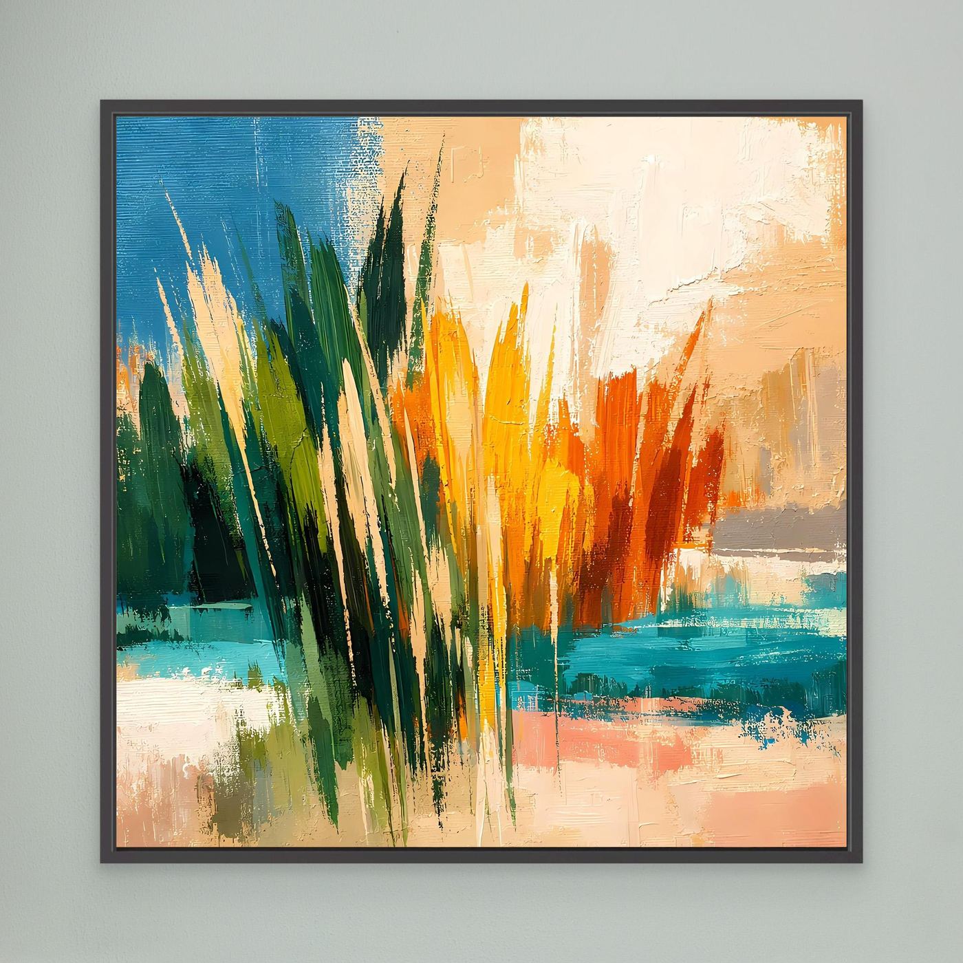 Wandbild mit abstrakter Schilflandschaft und Meer, schwarzer Rahmen