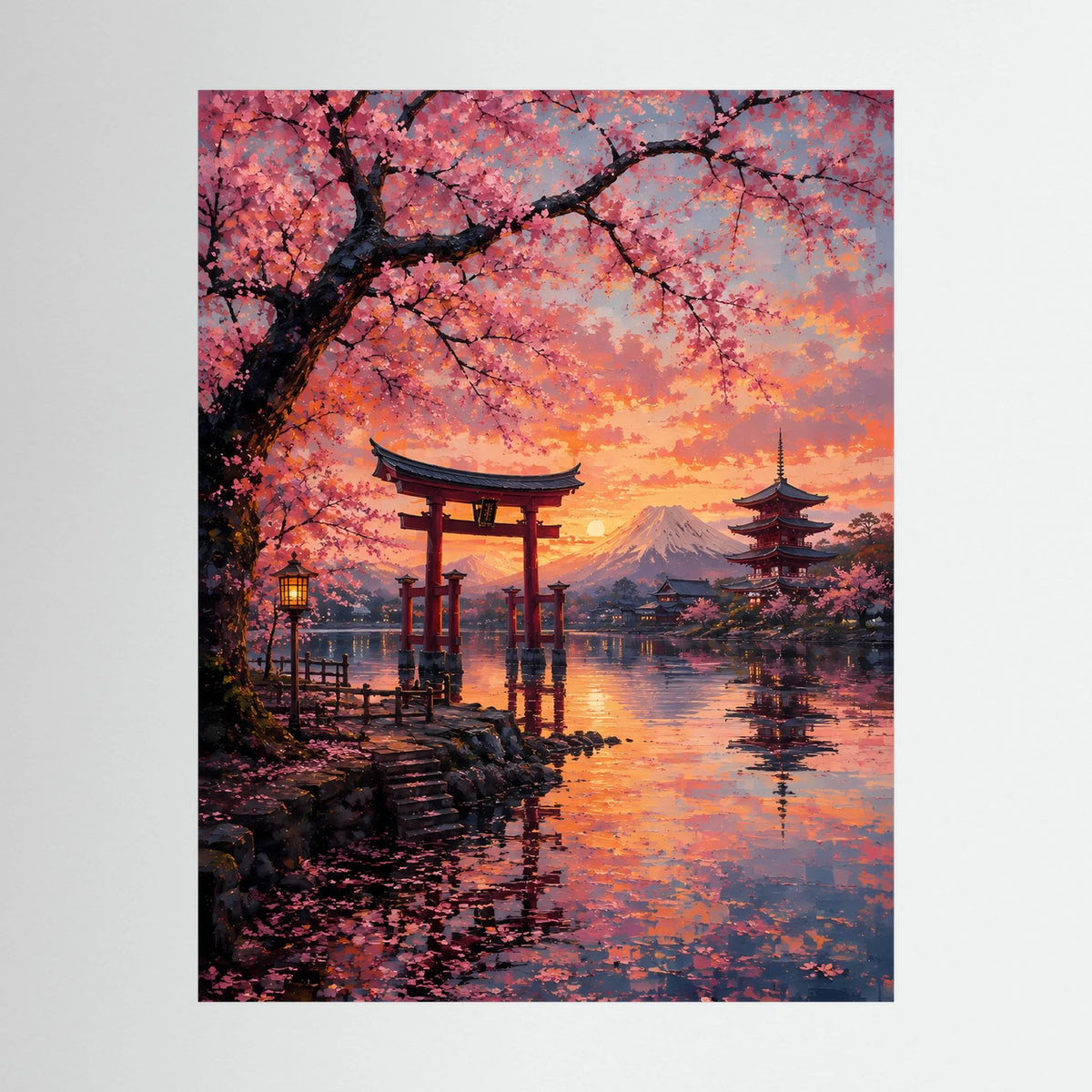 Hochformatiges Poster (schwarz umrandet) mit Kirschblüten, Torii und Fuji über ruhigem Wasser