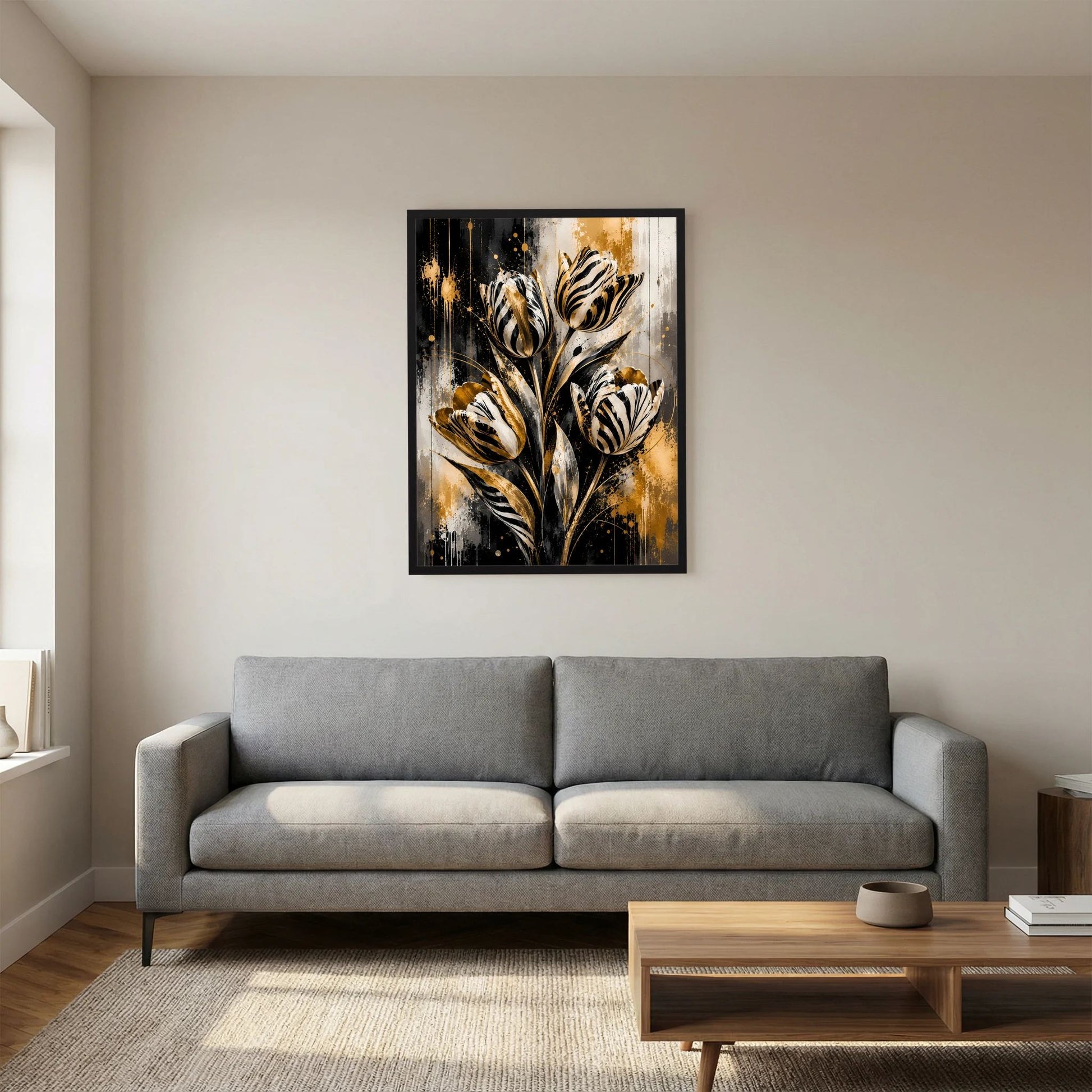 Framed Hochformat-Poster: abstrakte Tulpen in Schwarz, Weiß und Gold