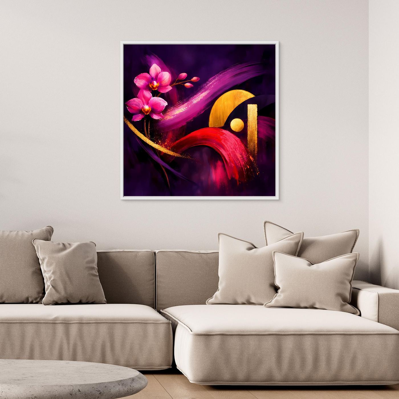 Leinwandbild mit Orchideenblüten in Pink, rotem Akzent und goldenen Formen, weißer Rahmen