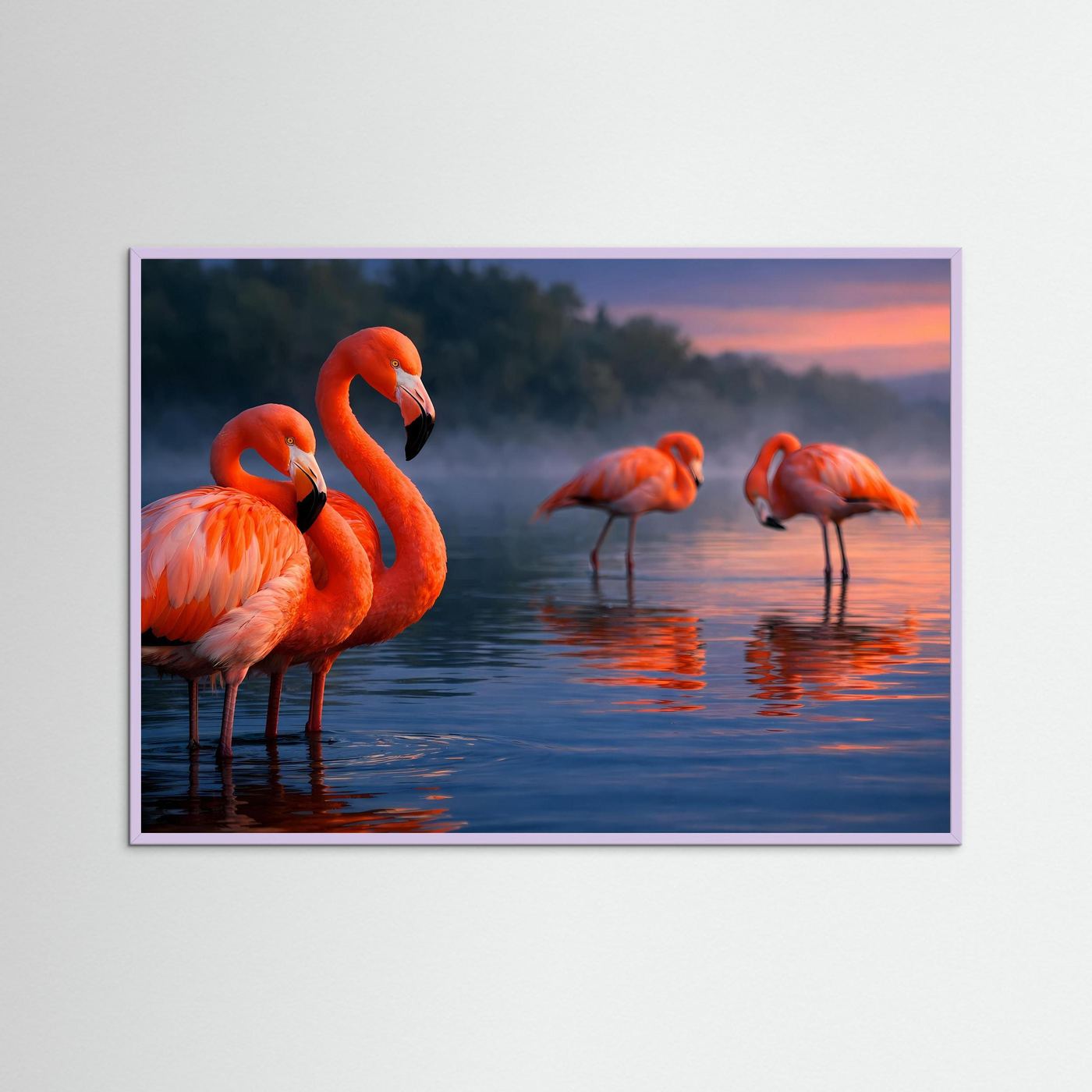 Naturposter im Querformat: Flamingos im Abendrot, violette Umrandung