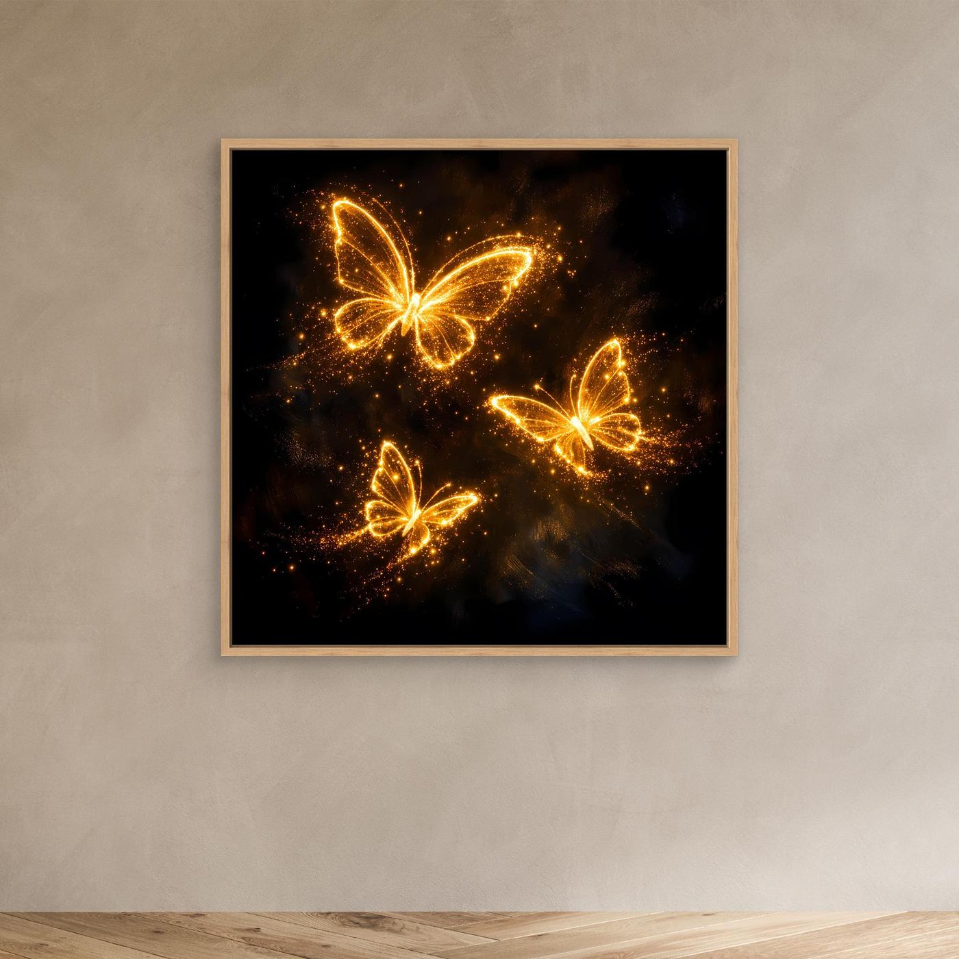 Premium Leinwand Leuchtende Schmetterlinge in Gold | Elegantes Fantasy Wandbild abstrakt