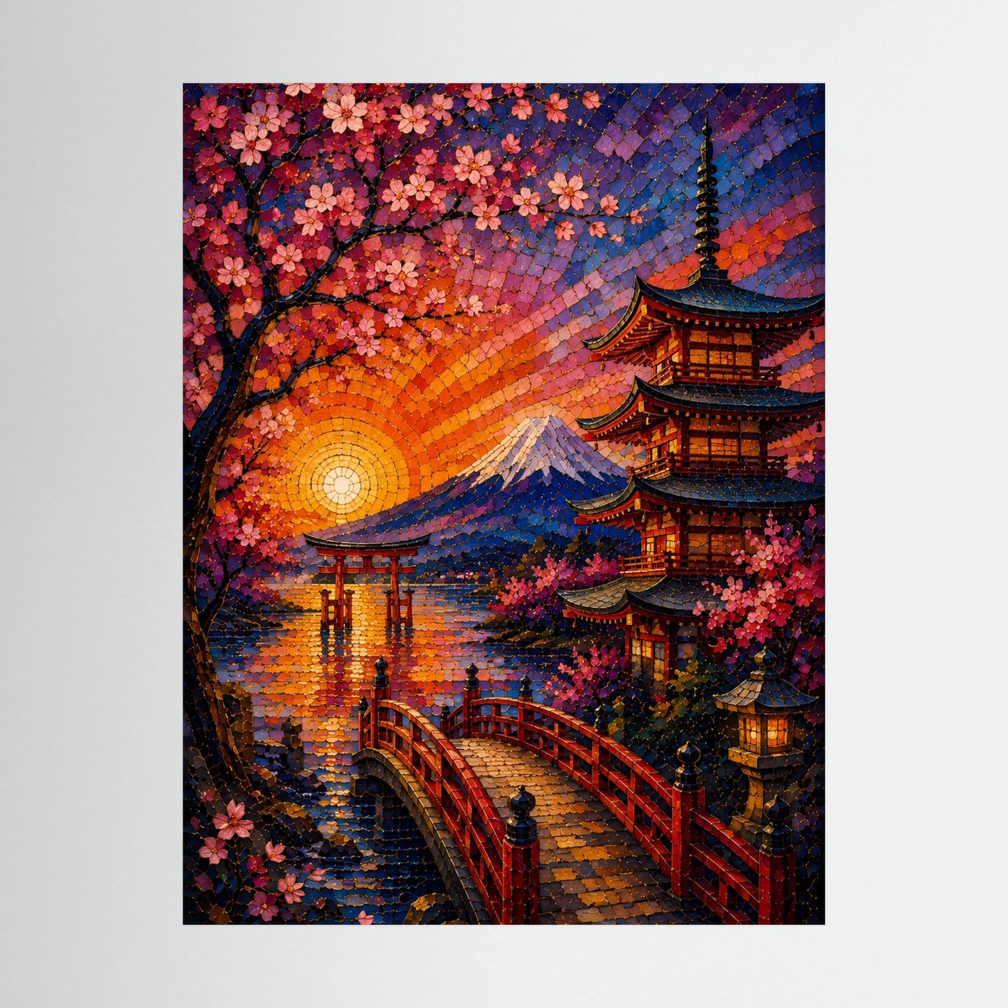 Nahes Motiv im Mosaikstil: Kirschblüten, Pagode und Fuji bei Sonnenuntergang