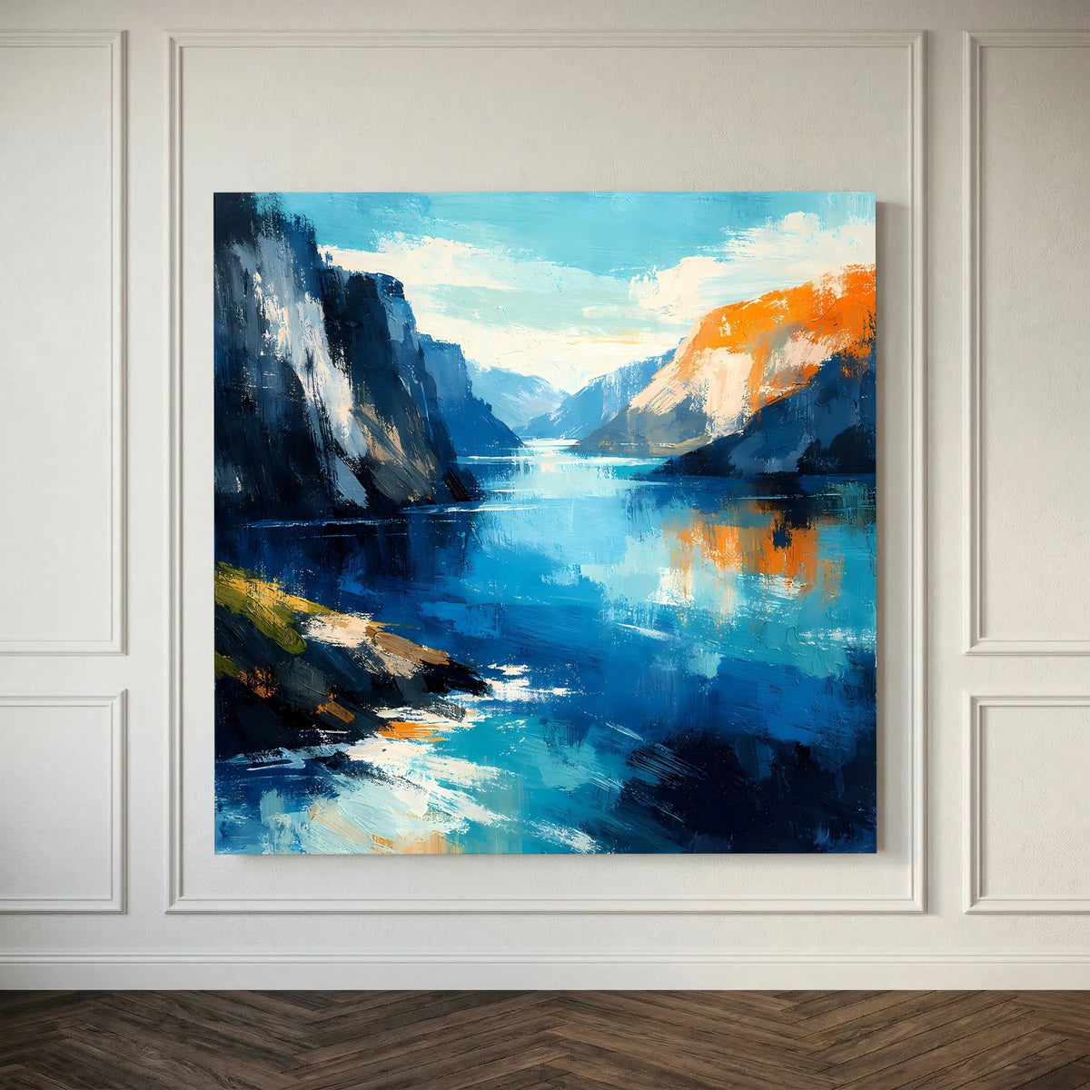 Leinwand Abstraktes Fjord Gemälde | Modernes Norwegisches Wandbild Blau Orange