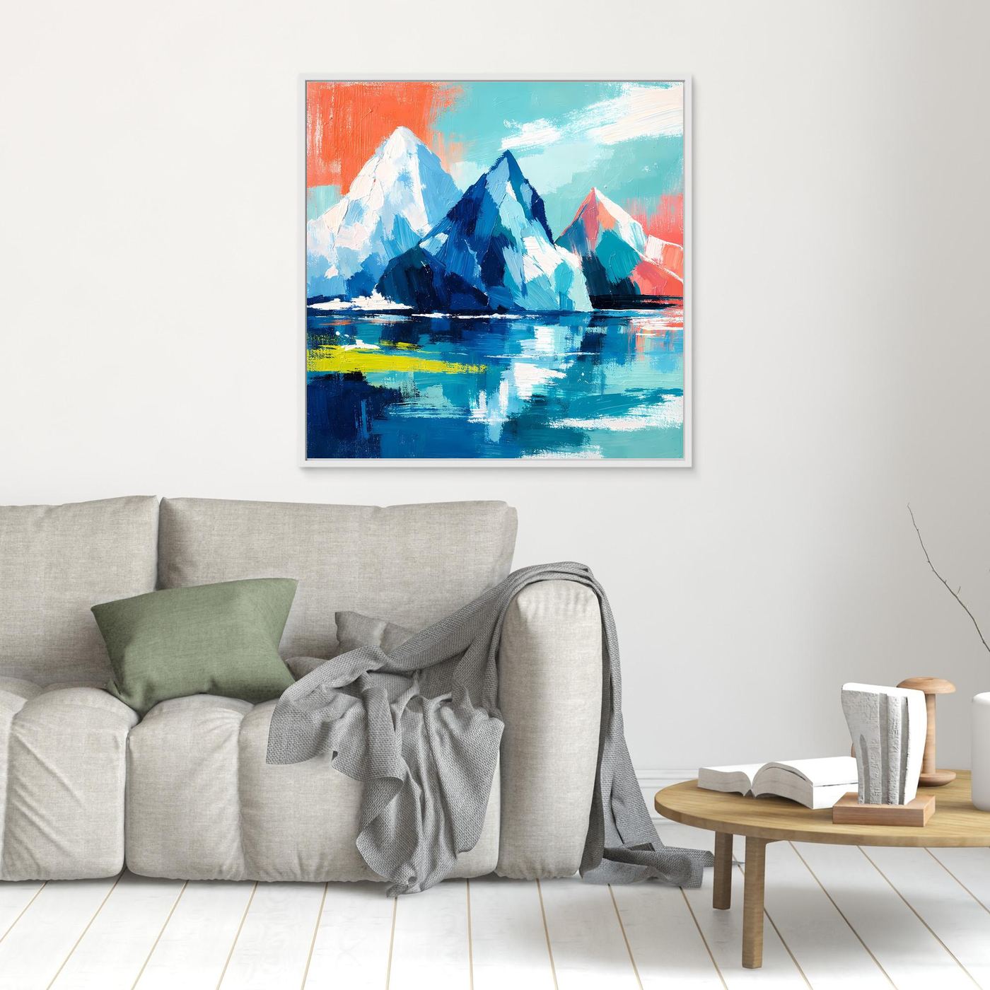 Abstract iceberg and mountain painting with blue sea reflection, silver frame