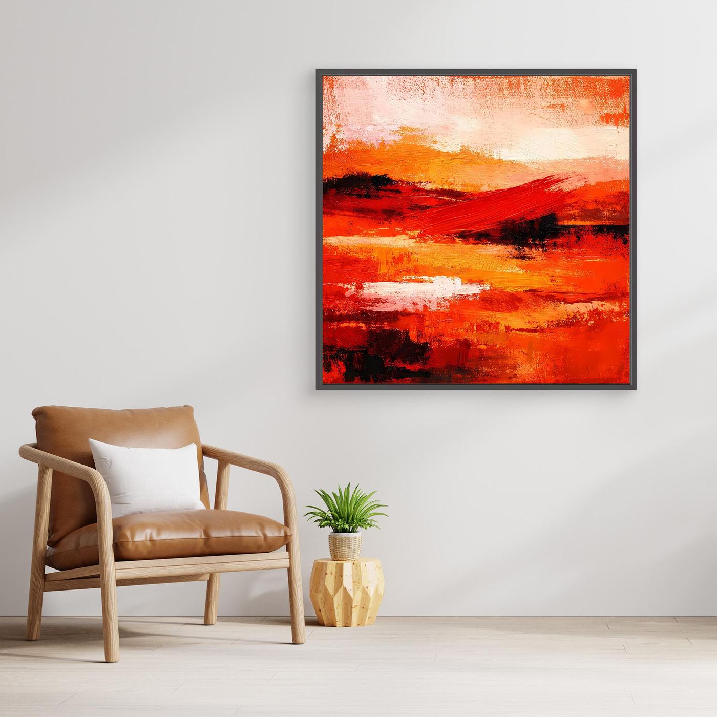 Gerahmtes Leinwand-Wandbild, abstrakt in Rot-Orange mit weißen Strichspuren