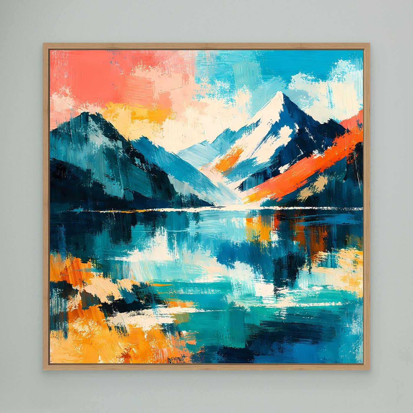 Leinwand-Wandbild mit Eichenrahmen, abstraktes Alpenglühen am See in Blau