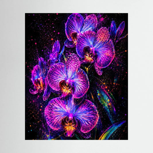 Neon-Orchideen-Blumenposter im Hochformat mit leuchtenden Pink- und Violettblüten