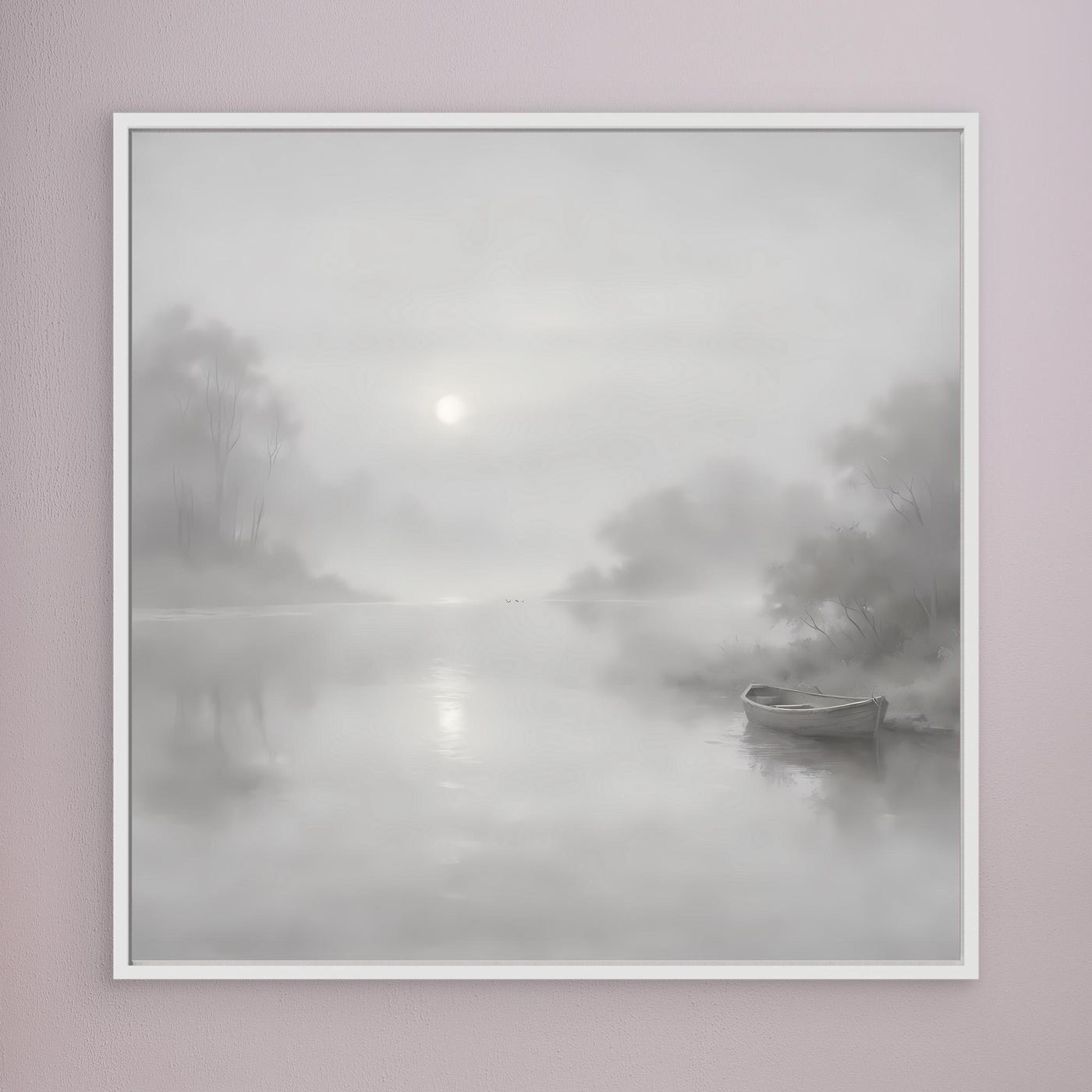 Leinwandbild mit grauem Nebel-Fluss und Boot, weißer Rahmen, quadratisch