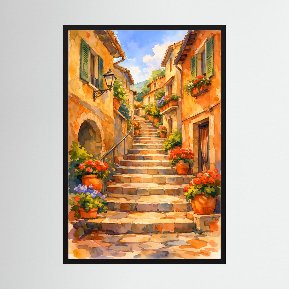 Hochformat-Wandbild: mediterrane Gasse mit Treppe und Blumenkästen, schwarzer Rahmen