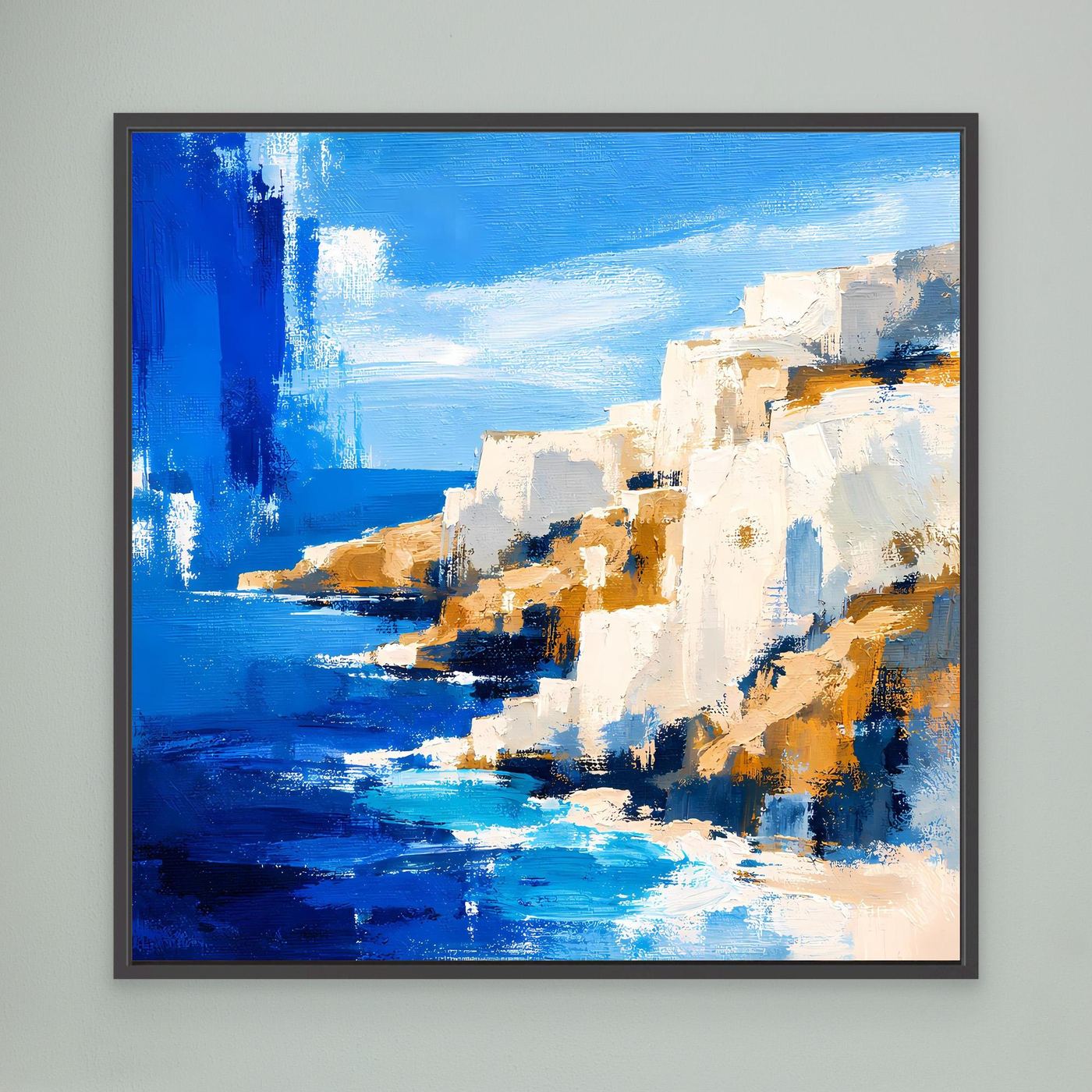 Leinwand-Wandbild mit abstrakter Küstenlandschaft in Blau und Weiß, dunkel gerahmt