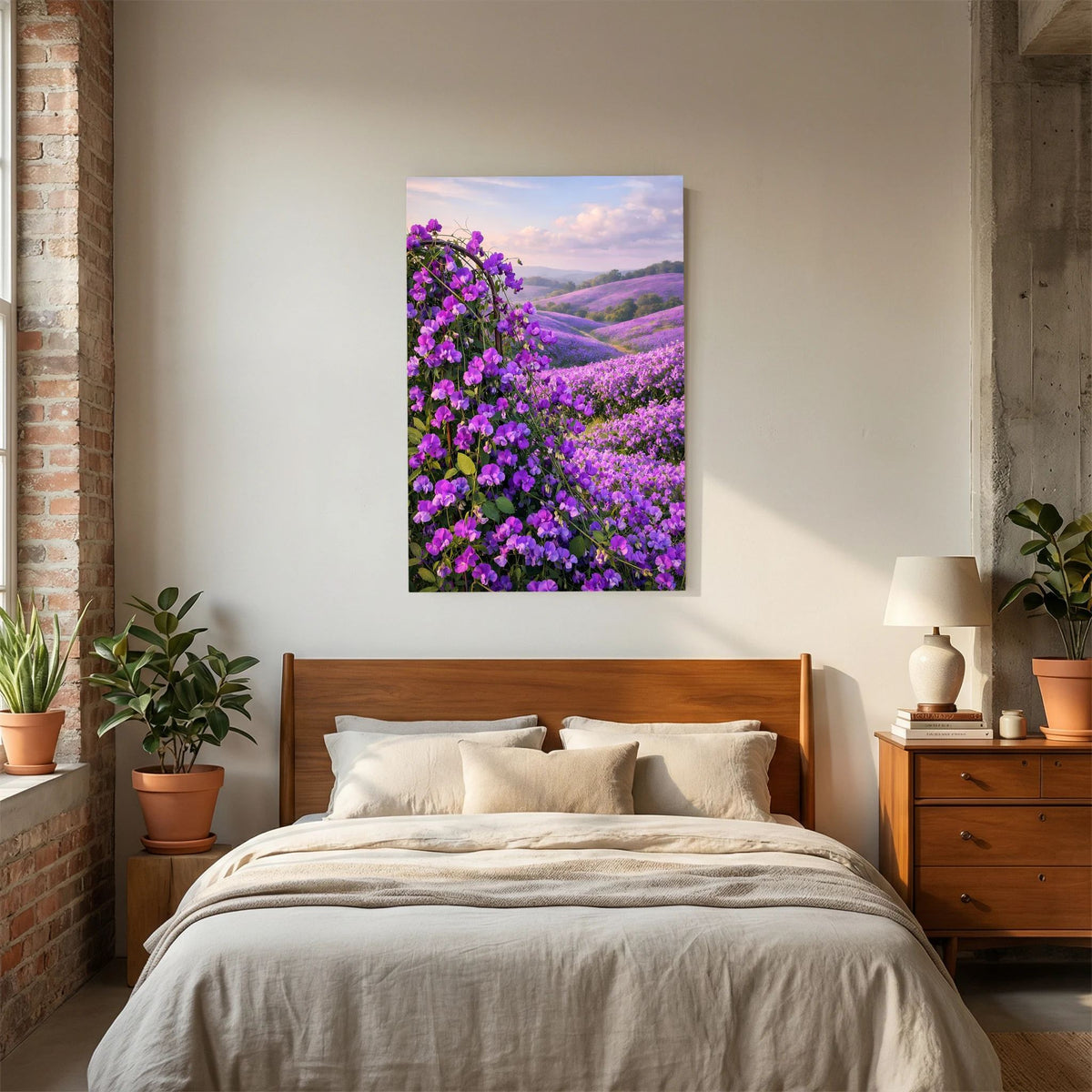Wandposter im Hochformat mit lila Blütensträuchern und wogenden Hügeln im Hintergrund