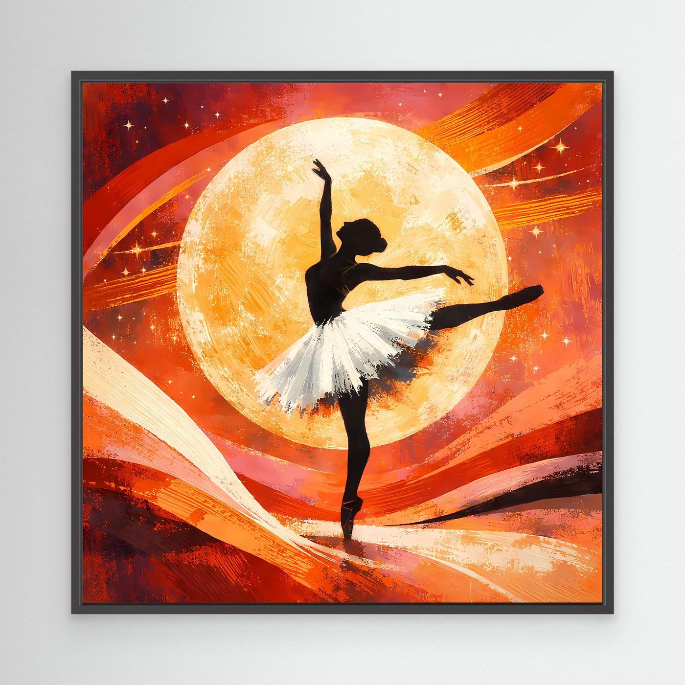 Leinwandbild mit Ballerina-Silhouette vor großer gelber Mondsichel, schwarzer Rahmen