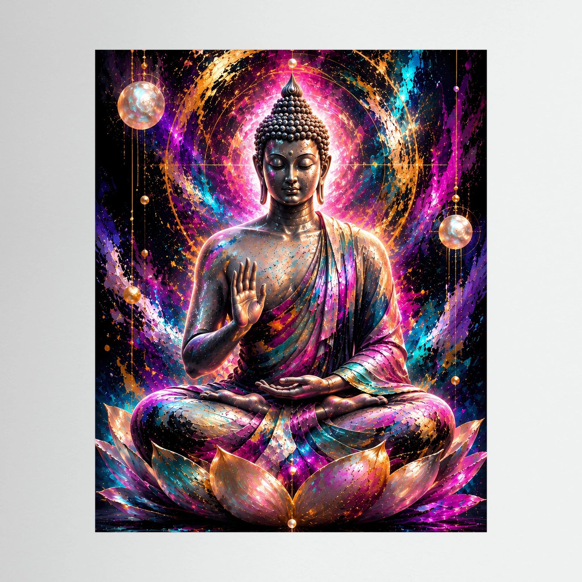 Spirituelles Buddha-Poster: meditativer Buddha auf Lotus, neonfarben, schwarzer Rahmen