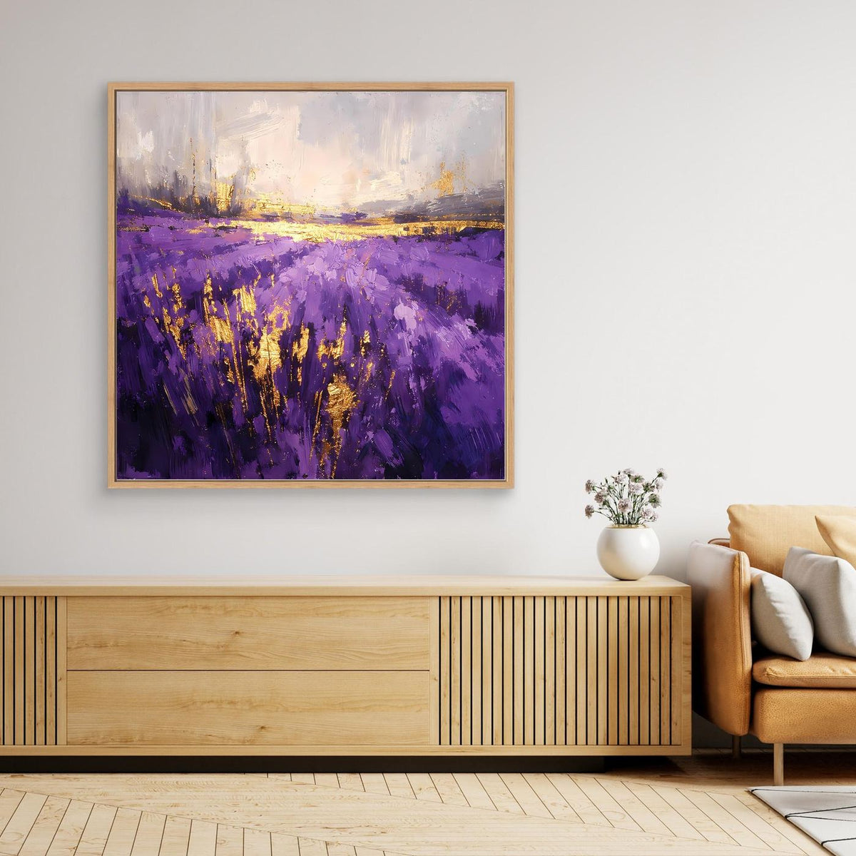 Wandbild Leinwand mit violettem Lavendelfeld, goldener Horizontlinie, Holzrahmen