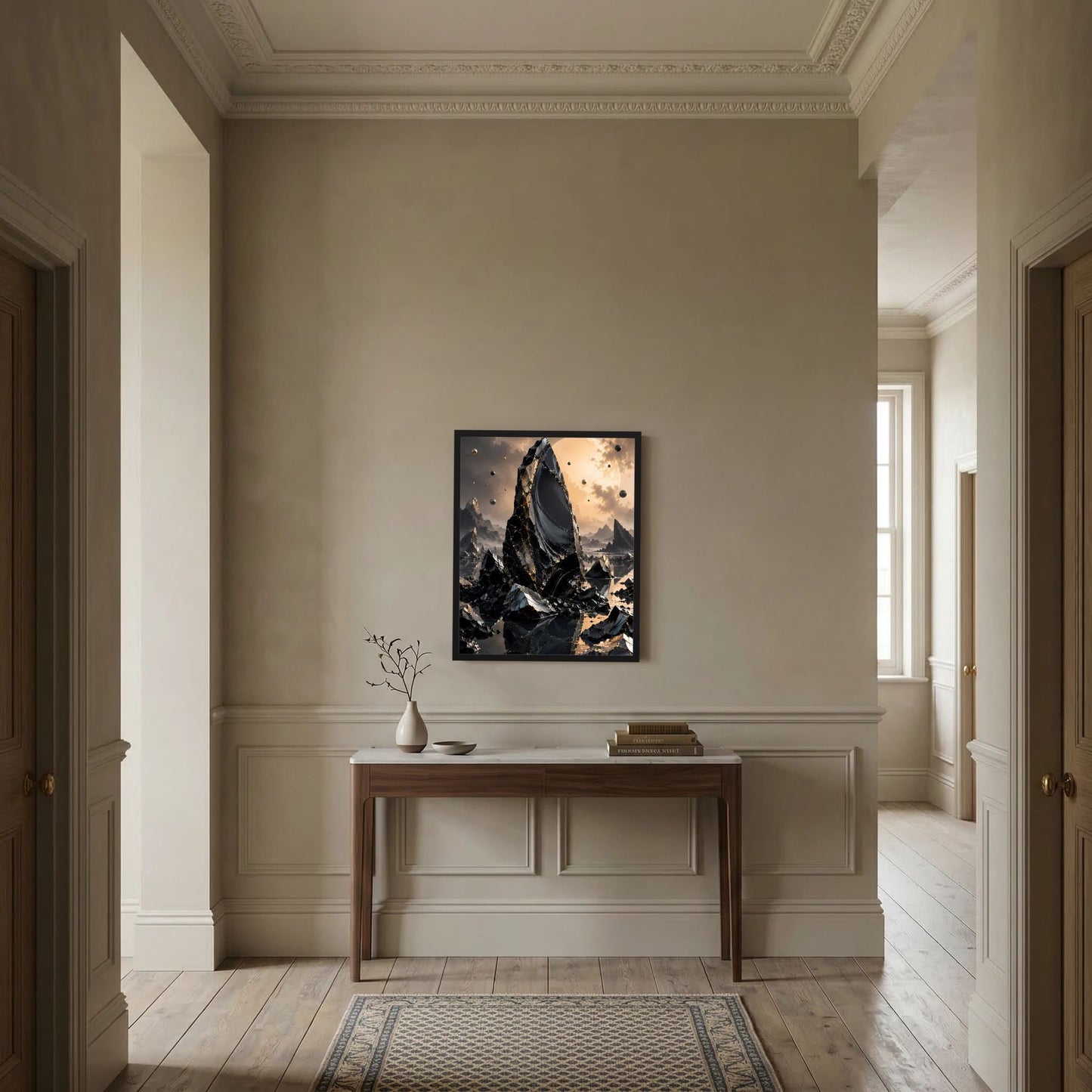 Hochformatposter im Rahmen: schwarzer Obsidian-Monolith mit goldfarbenen Details und Felsen